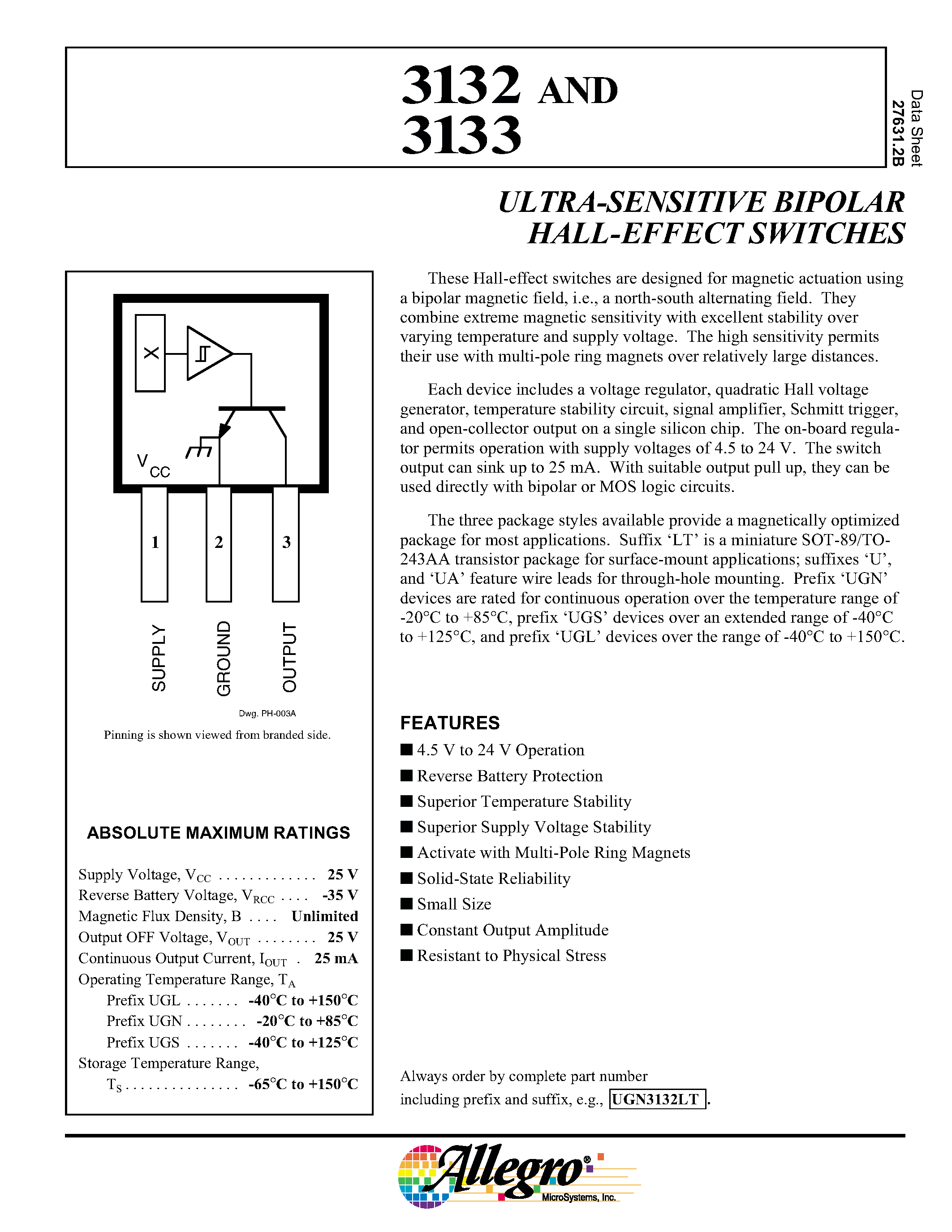 Даташит на микросхему UGS3132 страница 1 Даташит UGS3132 - (UGS3133) ULTRA-SENSITIVE BIPOLAR HALL-EFFECT SWITCHES страница 1