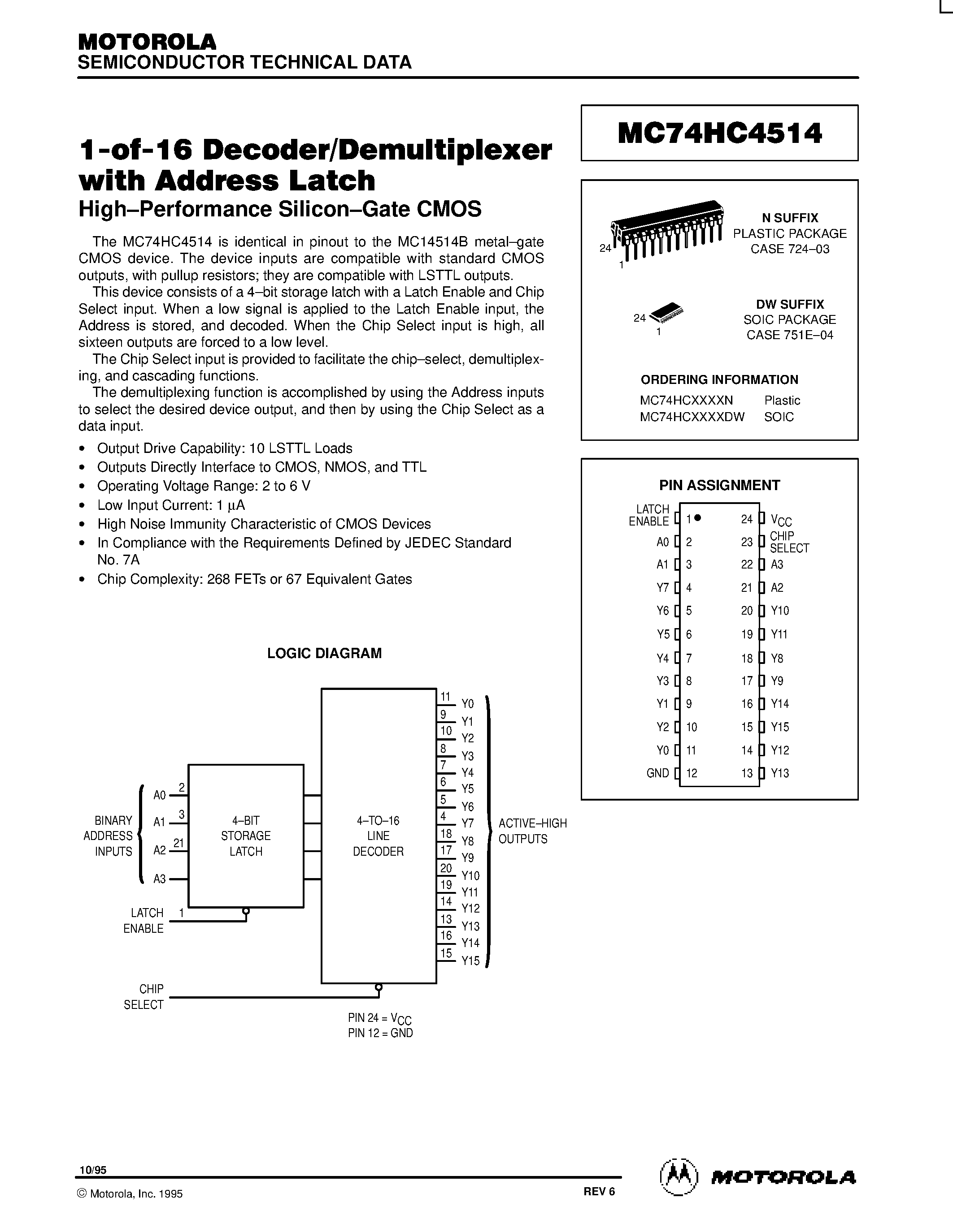 Даташит MC74HC4514 - 1-of-16 Decoder/Demultiplexer with Address Latch страница 1