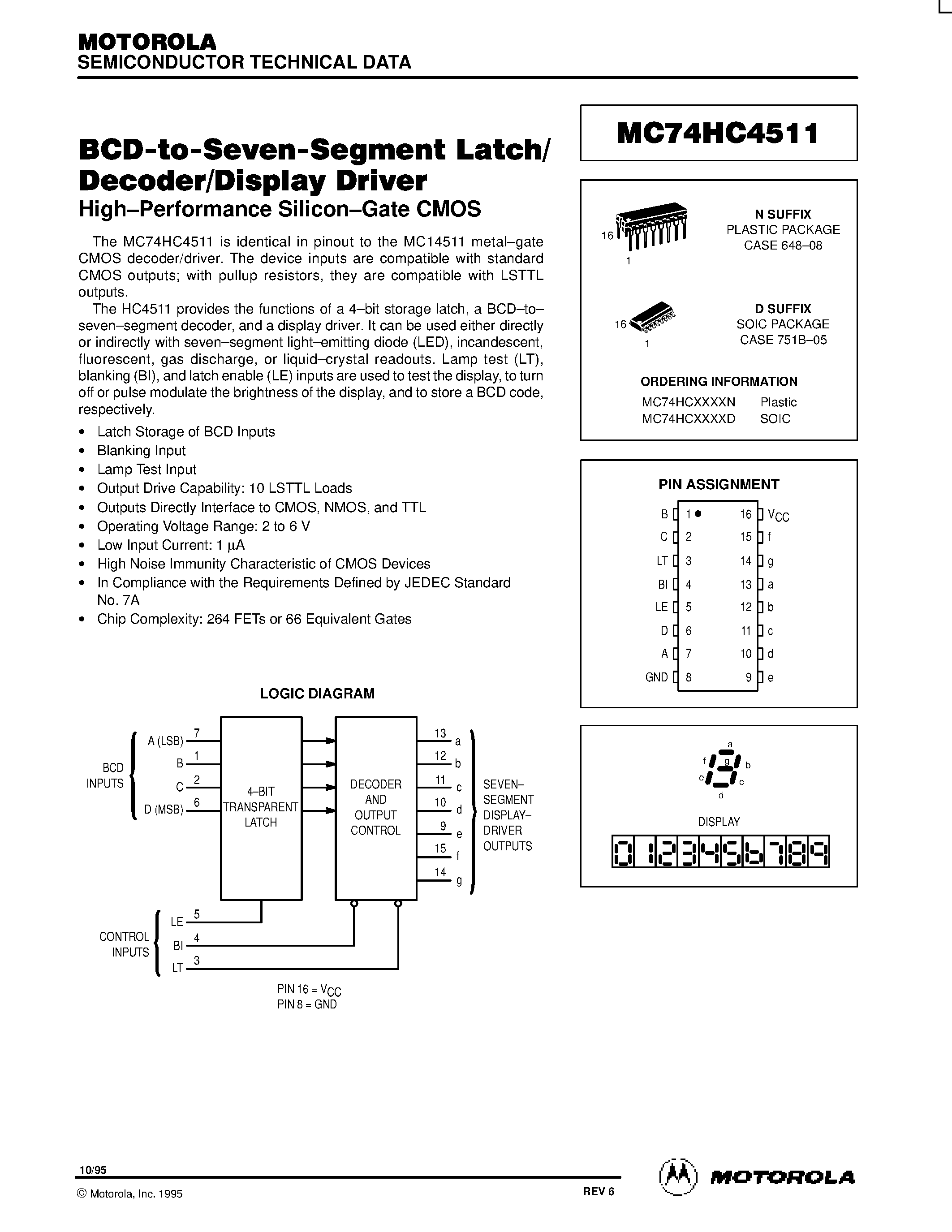 Даташит MC74HC4511 - BCD-to-Seven-Segment Latch/Decoder/Display Driver страница 1
