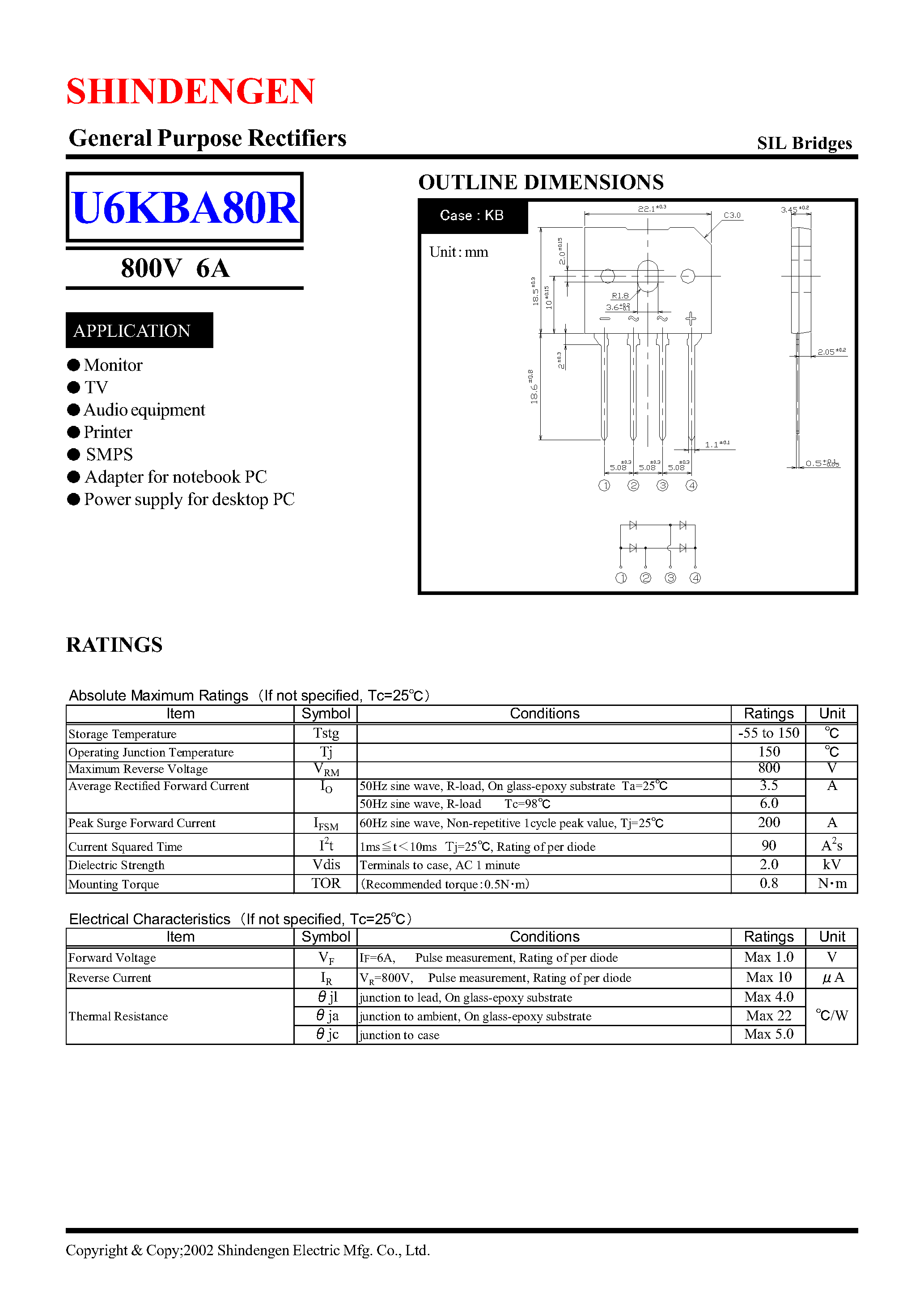 Datasheet U6KBA80R - GENERAL PURPOSE RECTIFIERS page 1