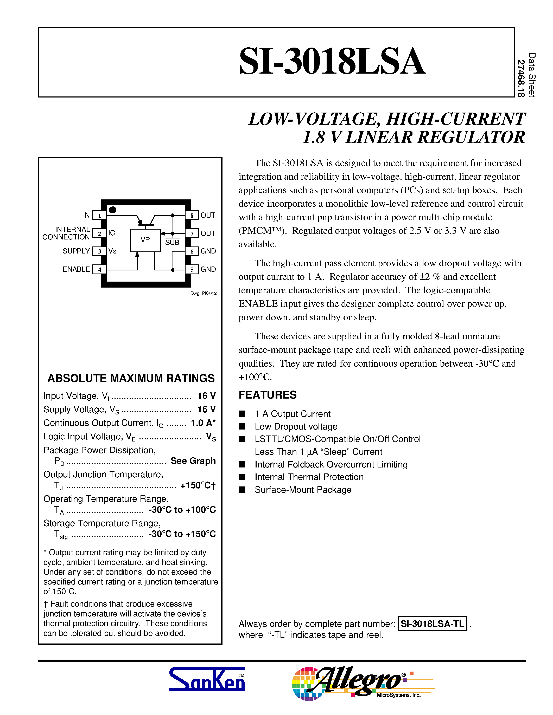 Даташит SI3018 - LOW-VOLTAGE / HIGH-CURRENT 1.8 V LINEAR REGULATOR страница 1
