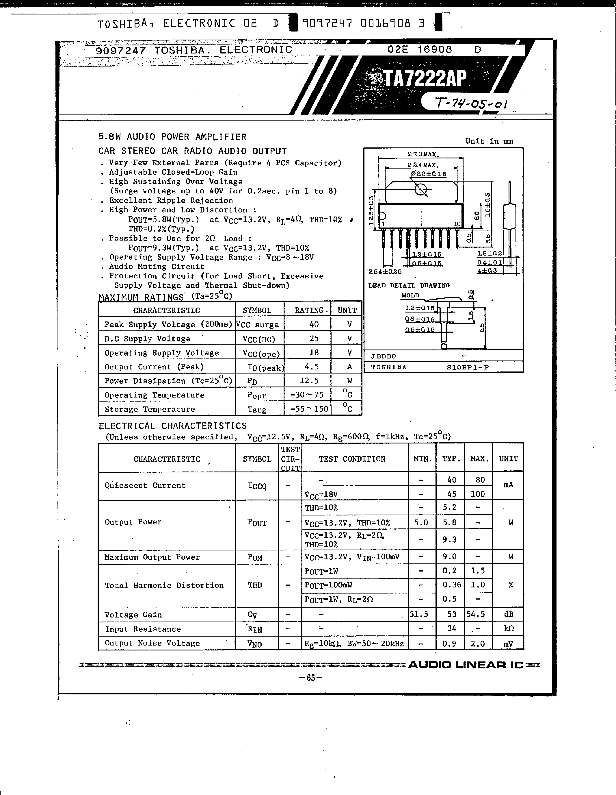 Datasheet TA7222AP - 5.8W AUDIO POWER AMPLIFIER page 1