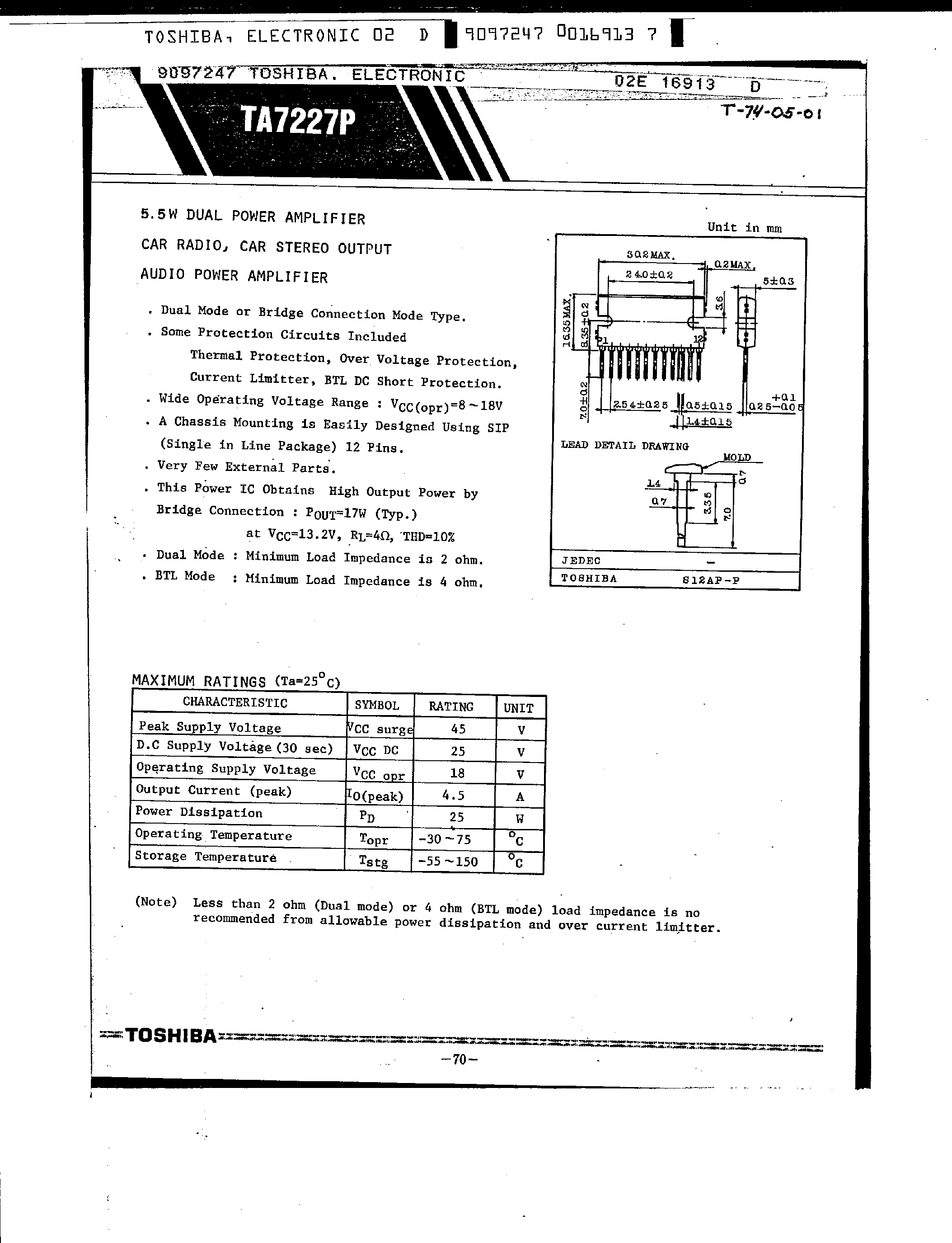 Datasheet TA7227P - 5.5W DUAL POWER AMPLIFIER page 1