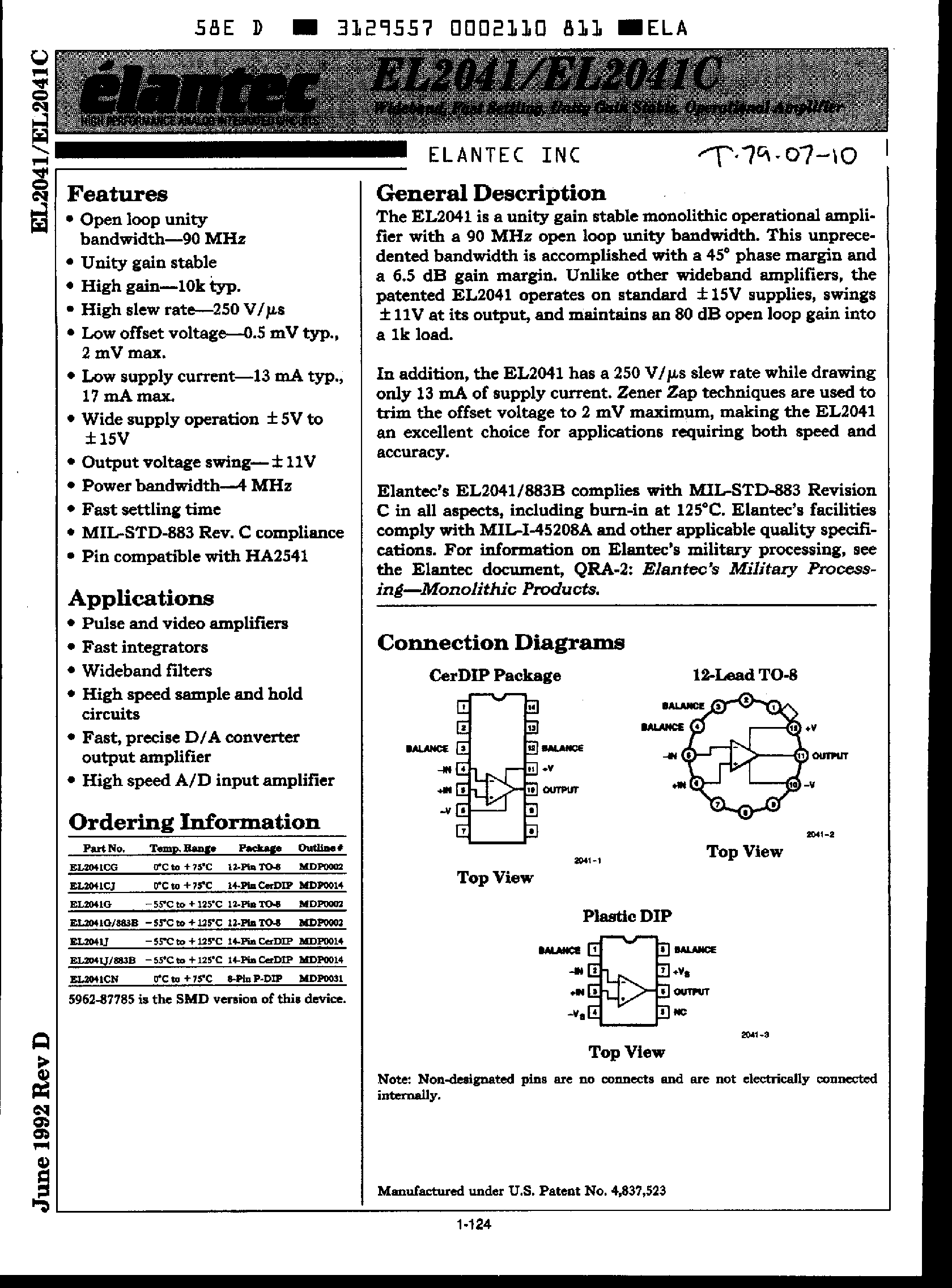 Datasheet EL2041 page 1 Datasheet EL2041 - Fast Settling Unity Gain Stable Operational Amplifiers page 1