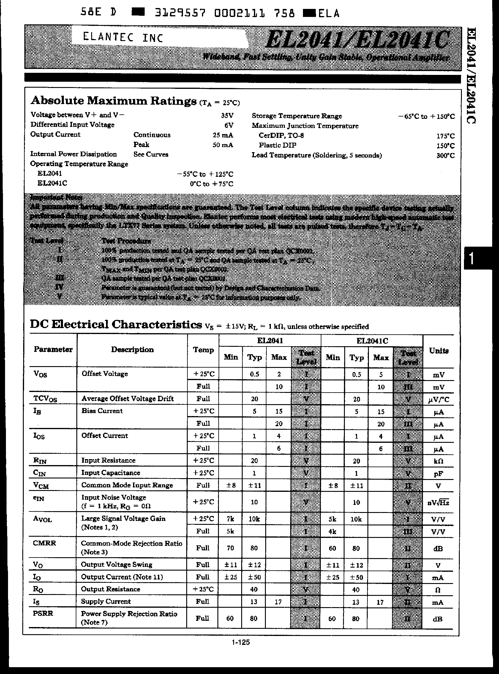 Datasheet EL2041 page 2 Datasheet EL2041 - Fast Settling Unity Gain Stable Operational Amplifiers page 2