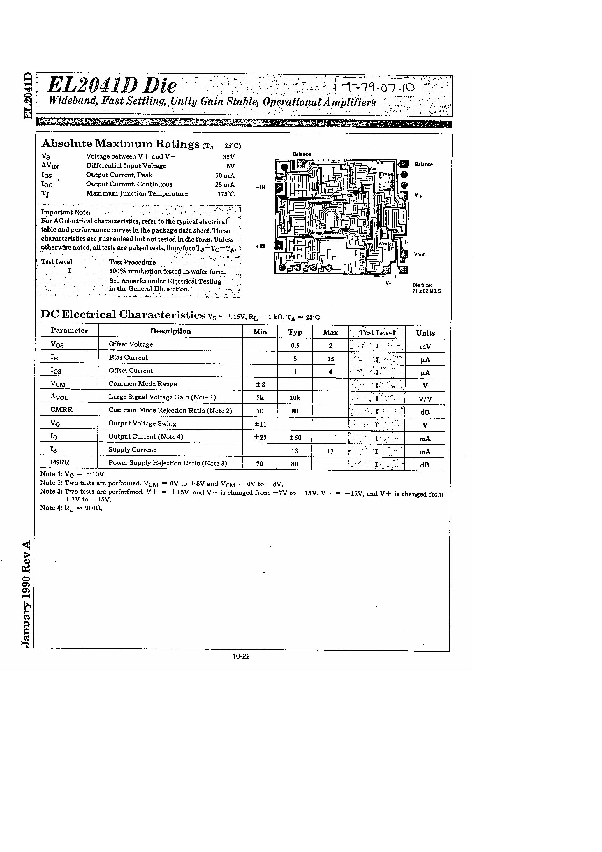 Datasheet EL2041D page 1 Datasheet EL2041D - Fast Settling Unity Gain Stable Operational Amplifiers page 1