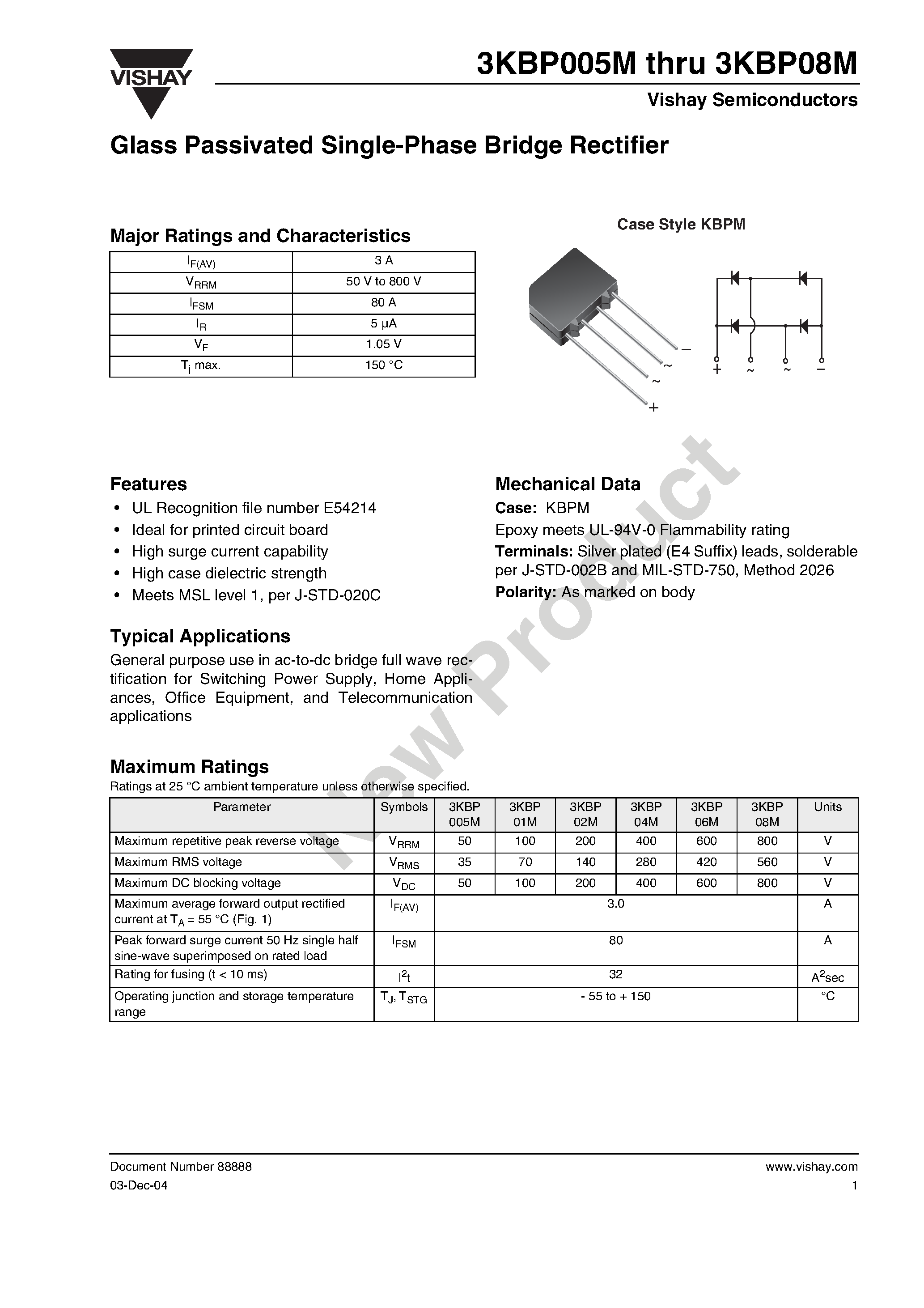 Datasheet 3KBP06M page 1 Datasheet 3KBP06M - Glass Passivated Single-Phase Bridge Rectifier page 1