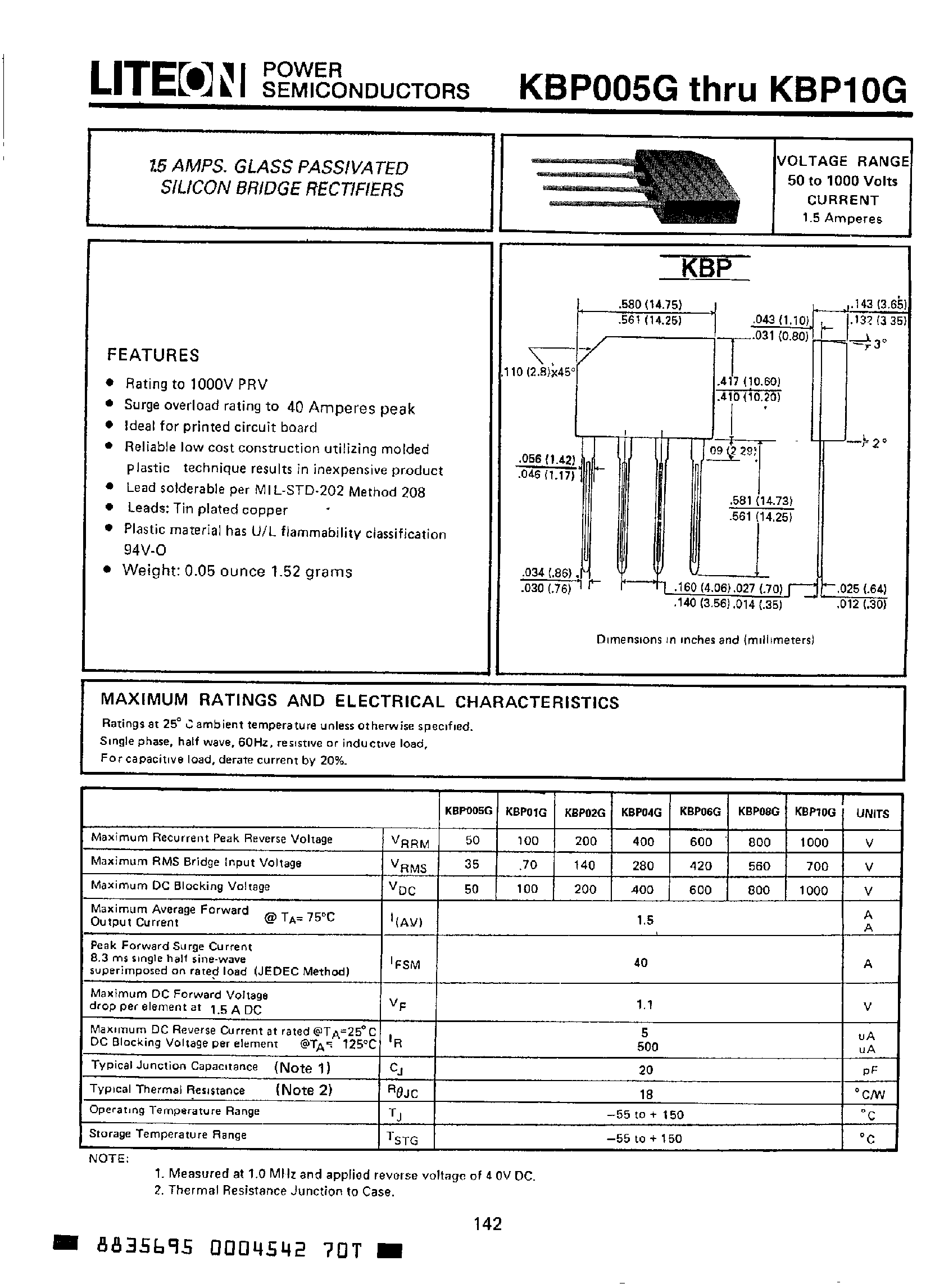 Datasheet KBP06G page 1 Datasheet KBP06G - (KBP005G - KBP10G) 1.5 AMP Silicon Bridge Rectifier page 1