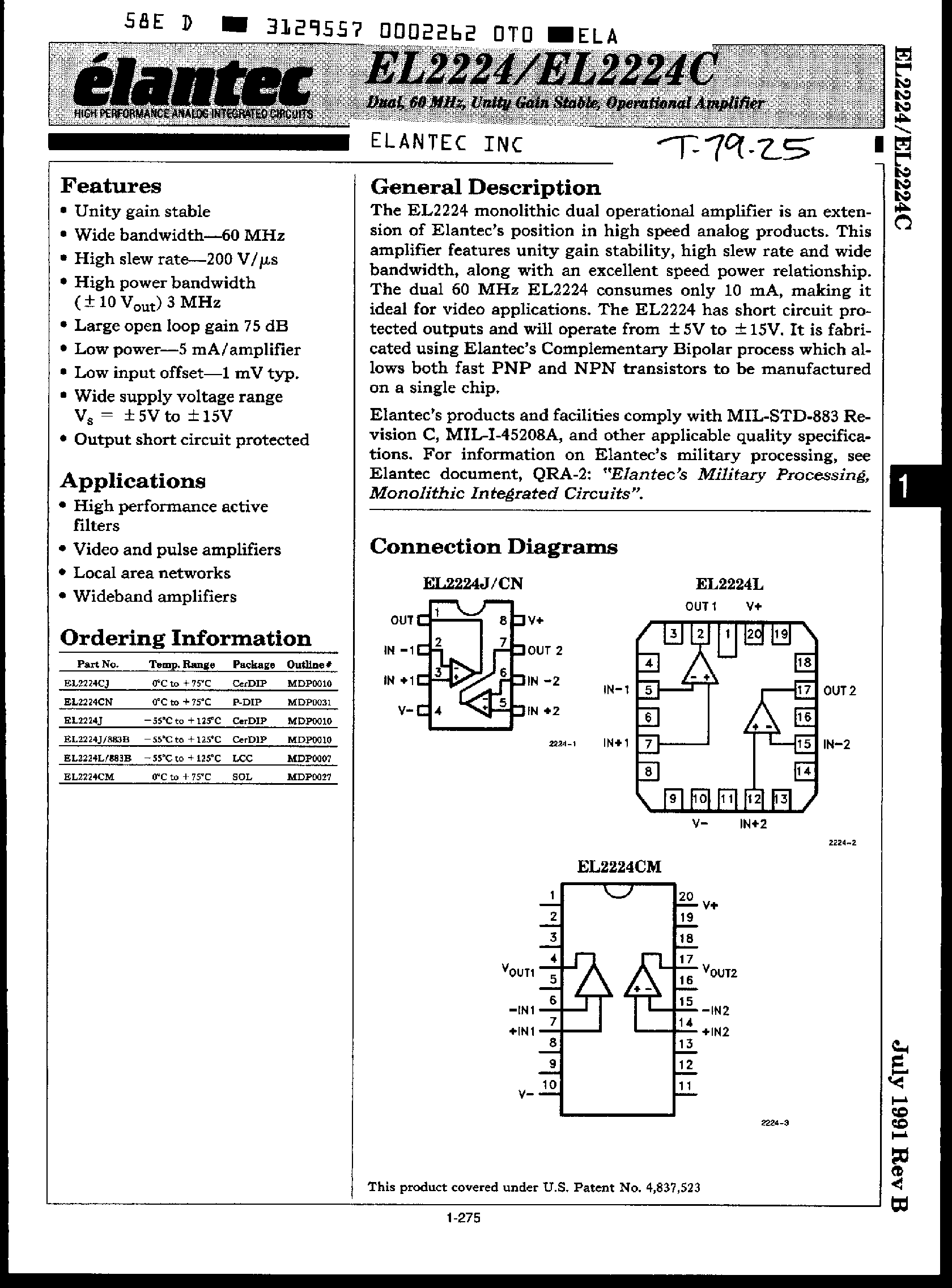 Datasheet EL2224 page 1 Datasheet EL2224 - Dual 60Mhz Unity Gain Stable Operational Amplifier page 1
