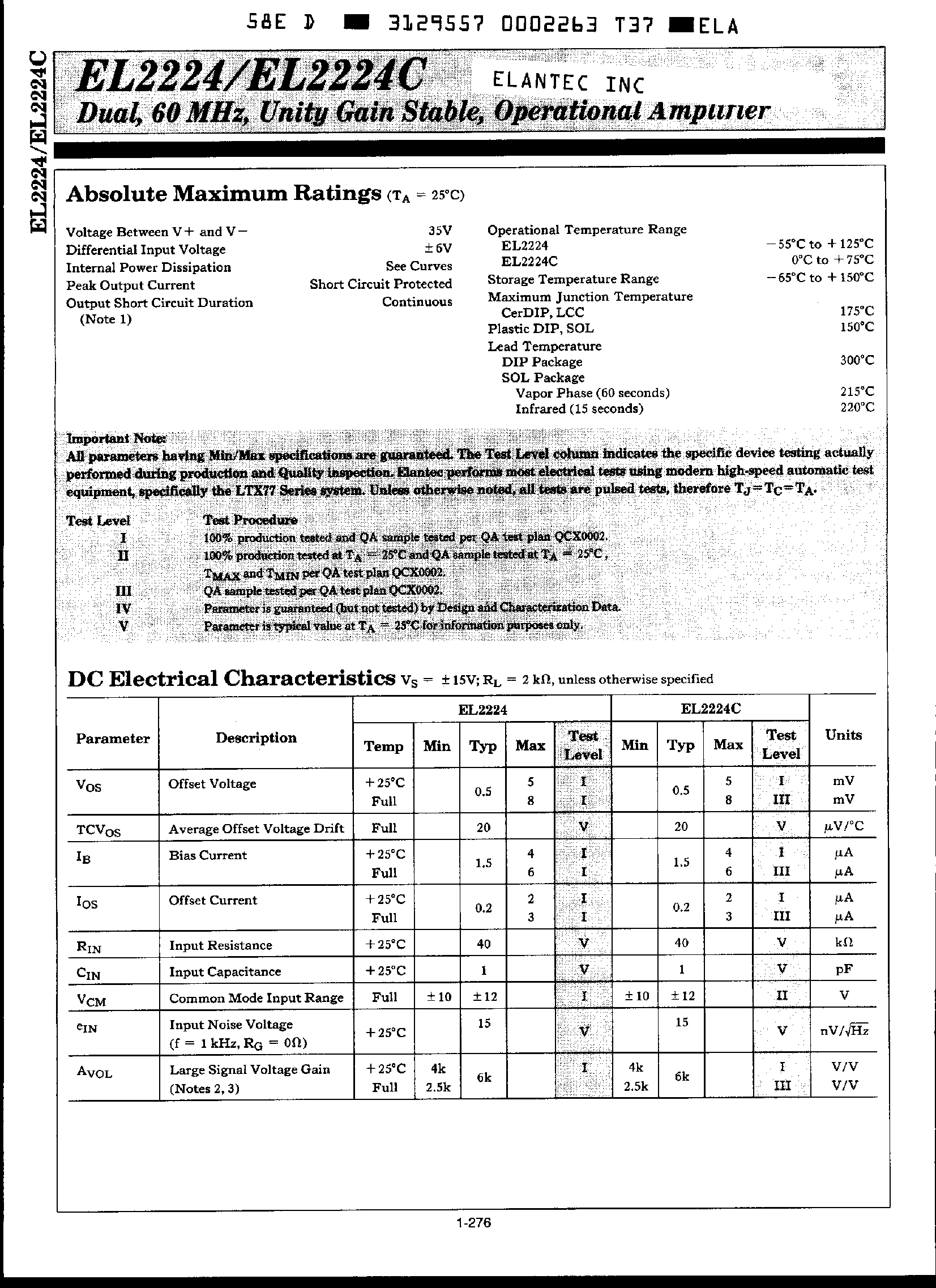 Datasheet EL2224 page 2 Datasheet EL2224 - Dual 60Mhz Unity Gain Stable Operational Amplifier page 2