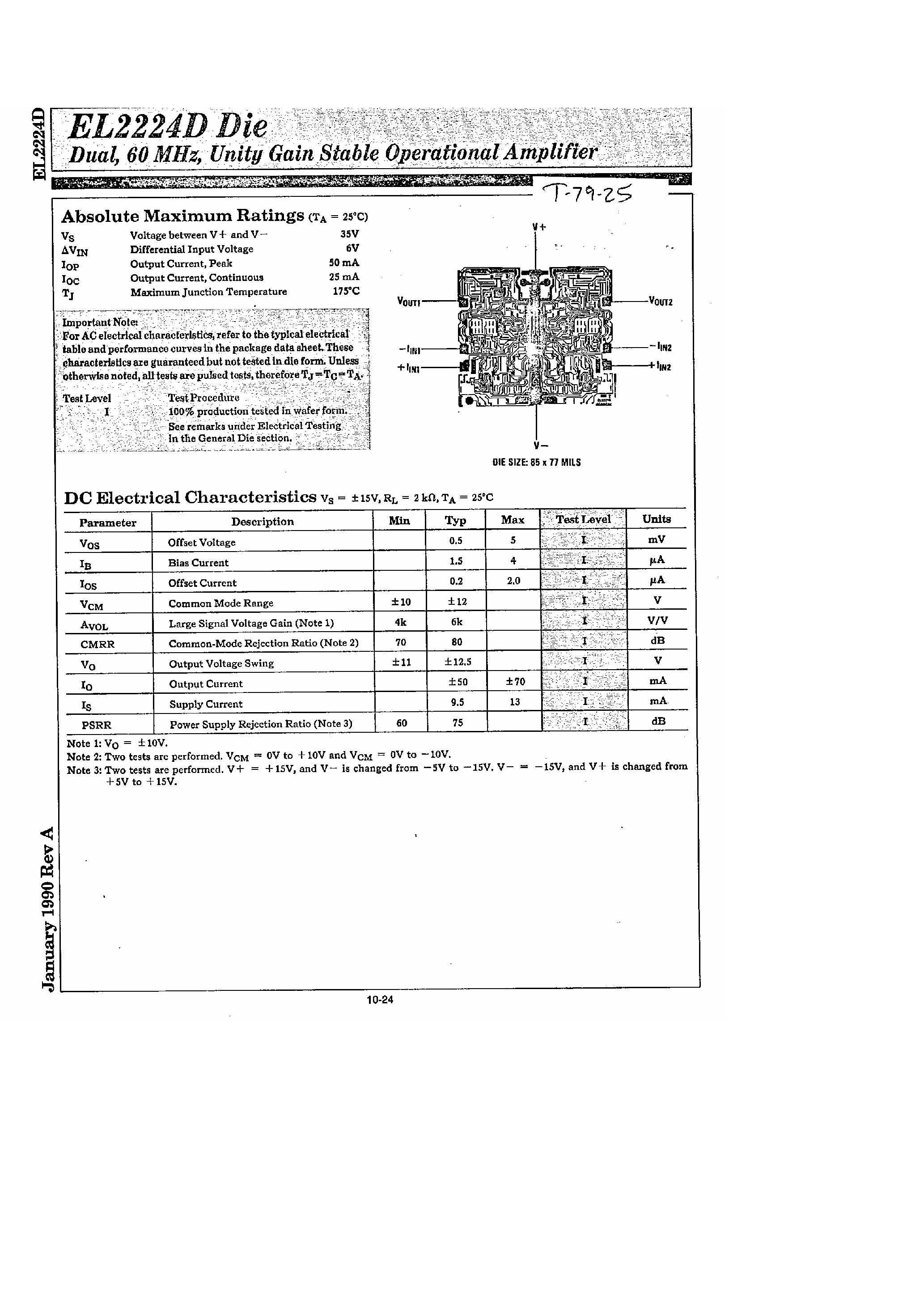 Datasheet EL2224D page 1 Datasheet EL2224D - Dual 60Mhz Unity Gain Stable Operational Amplifier page 1