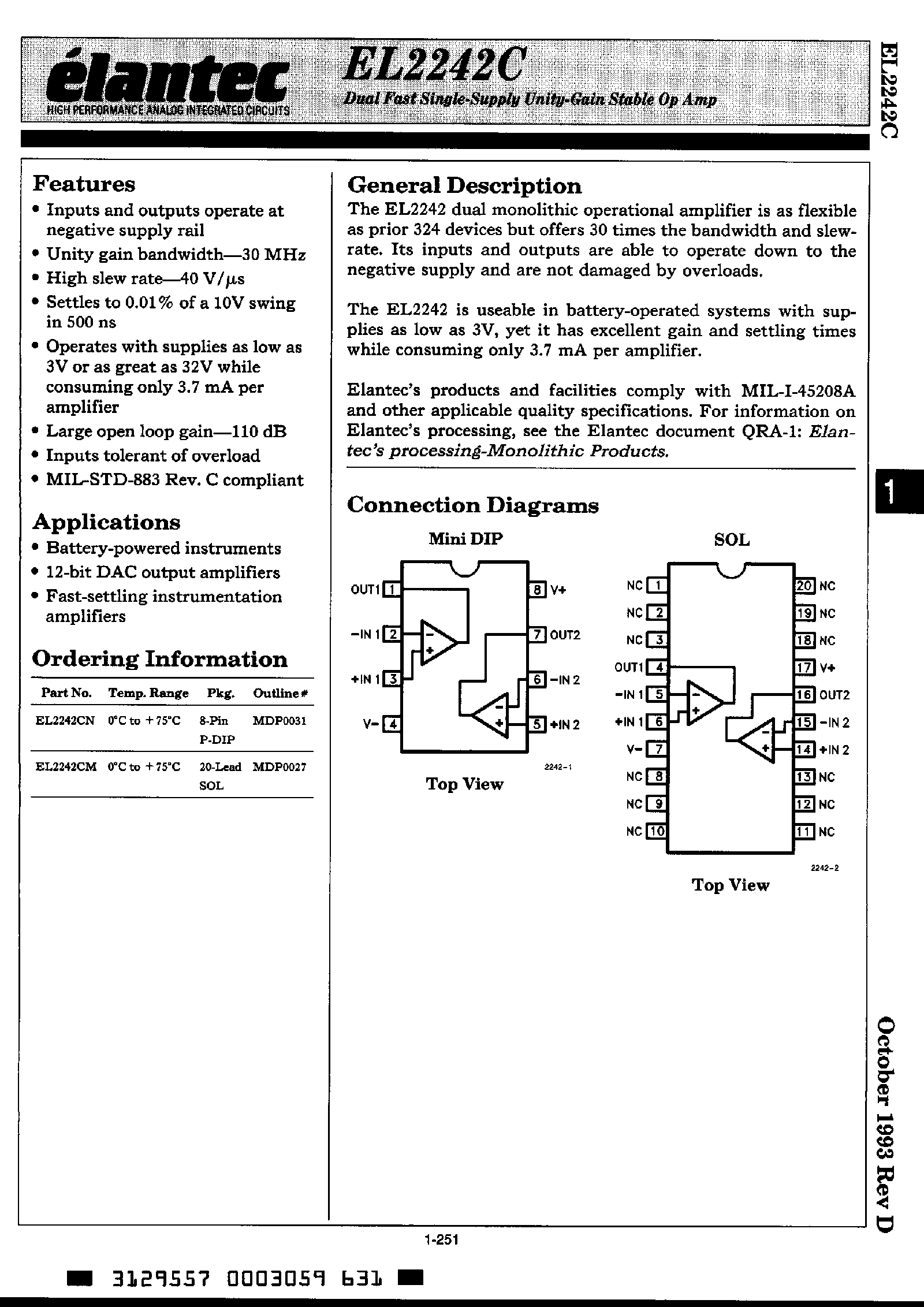 Datasheet EL2242C page 1 Datasheet EL2242C - Dual Fast Single-Supply Unity-Gain Stable Op Amp page 1