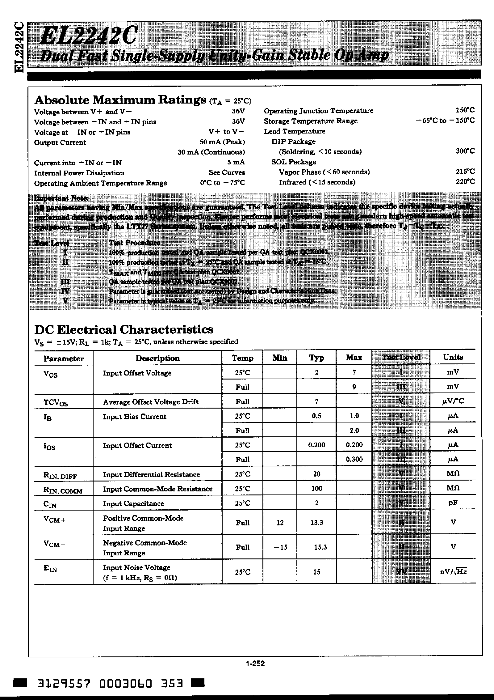 Datasheet EL2242C page 2 Datasheet EL2242C - Dual Fast Single-Supply Unity-Gain Stable Op Amp page 2