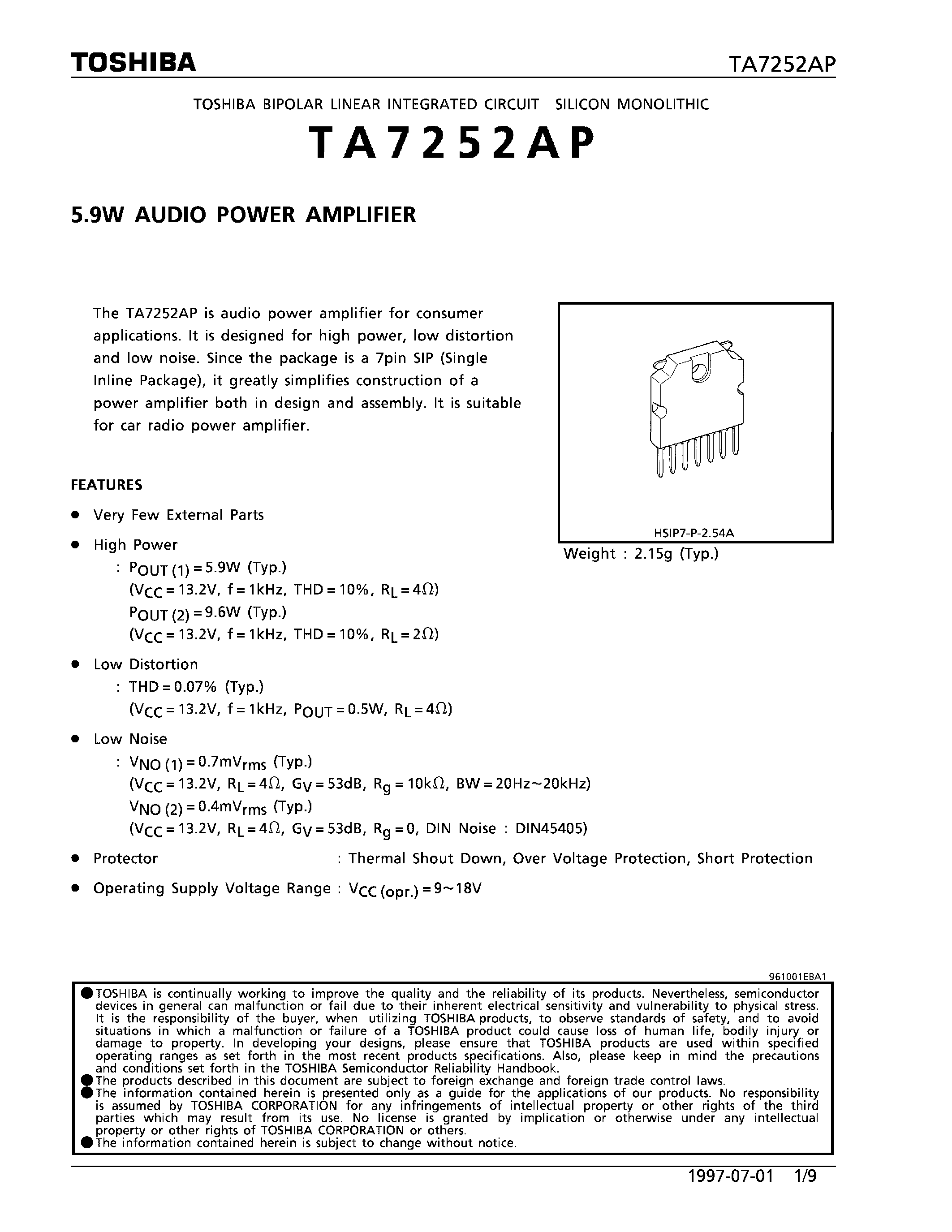 Datasheet TA7252AP page 1 Datasheet TA7252AP - 5.9W AUDIO POWER AMPLIFIER page 1
