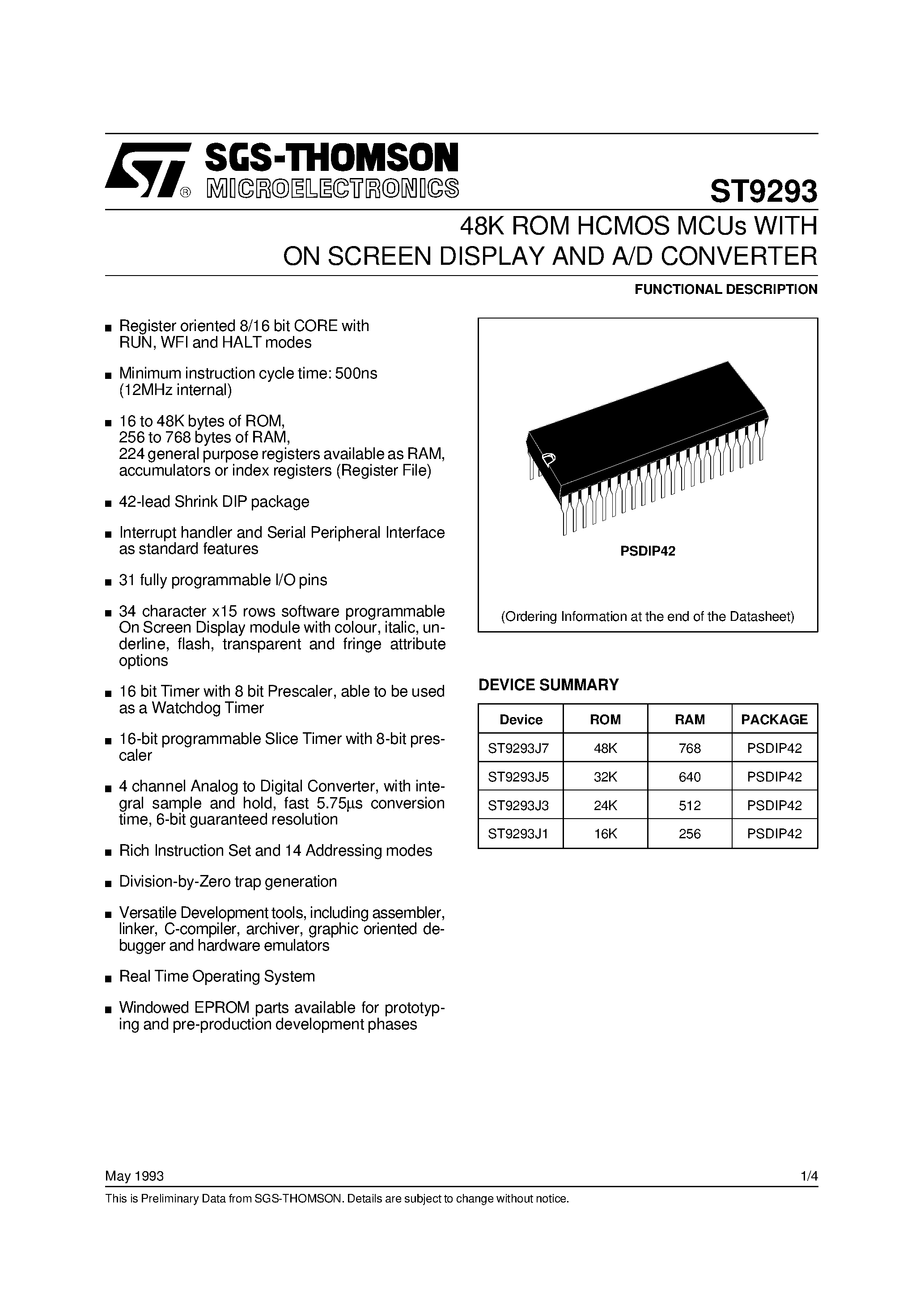 Datasheet ST9293 - 48K ROM HCMOS MCUs WITH ON SCREEN DISPLAY AND A/D CONVERTER page 1