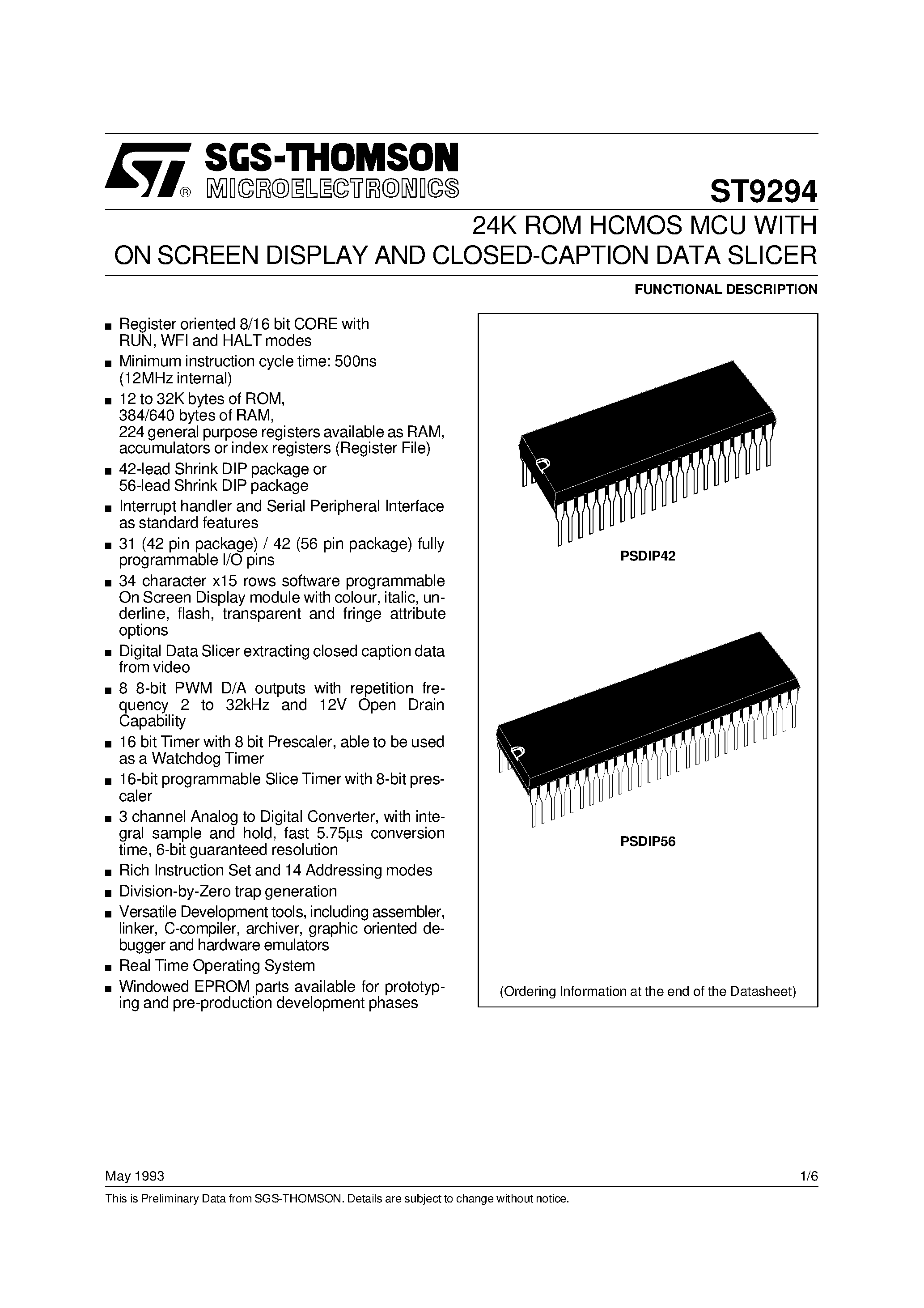 Даташит ST9294 - 24K ROM HCMOS MCU WITH ON SCREEN DISPLAY AND CLOSED-CAPTION DATA SLICER страница 1