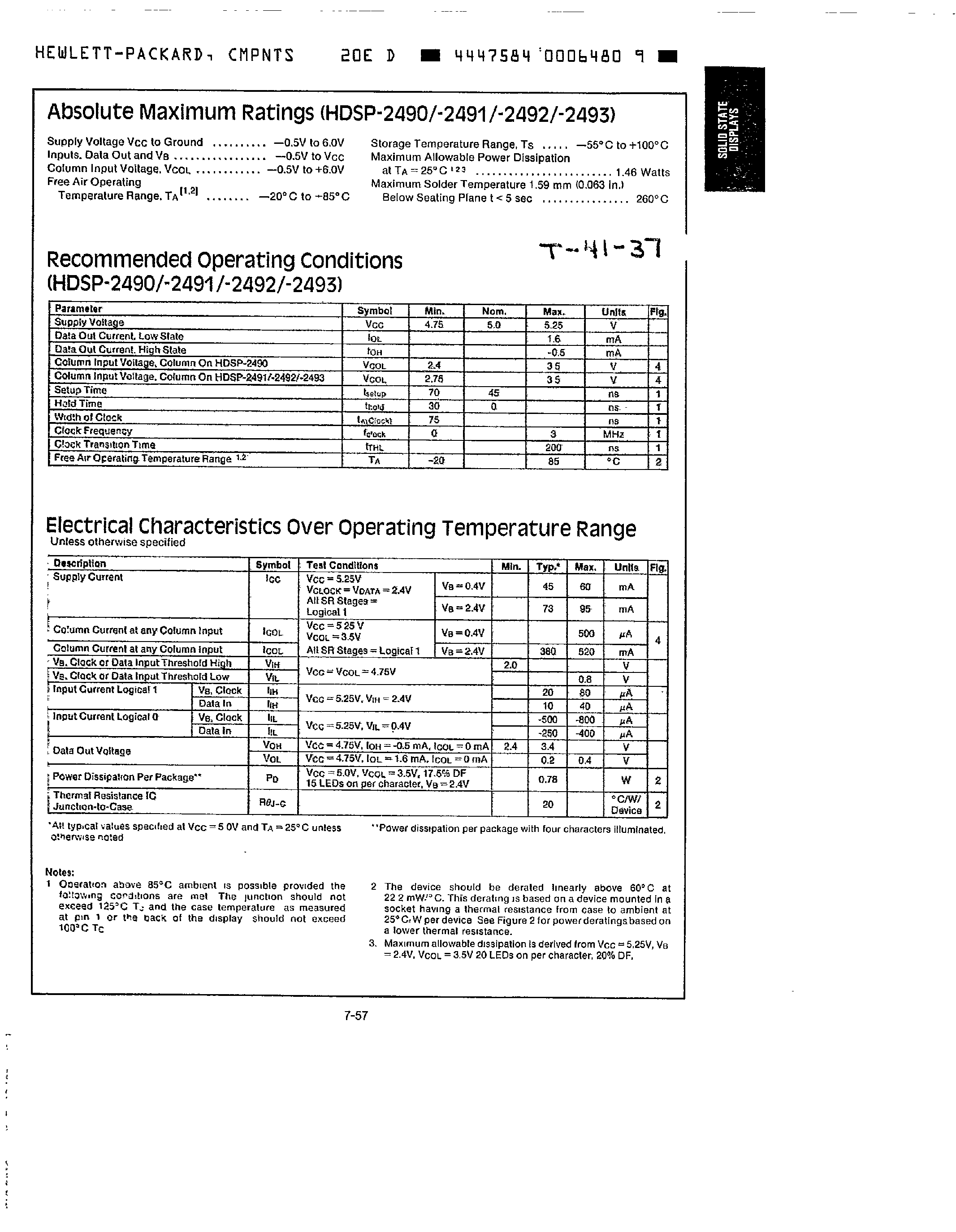 Datasheet HDSP2492 page 2 Datasheet HDSP2492 - (HDSP249x Series) Four Character 6.9mm 5x7 Alphanumeric Displays page 2