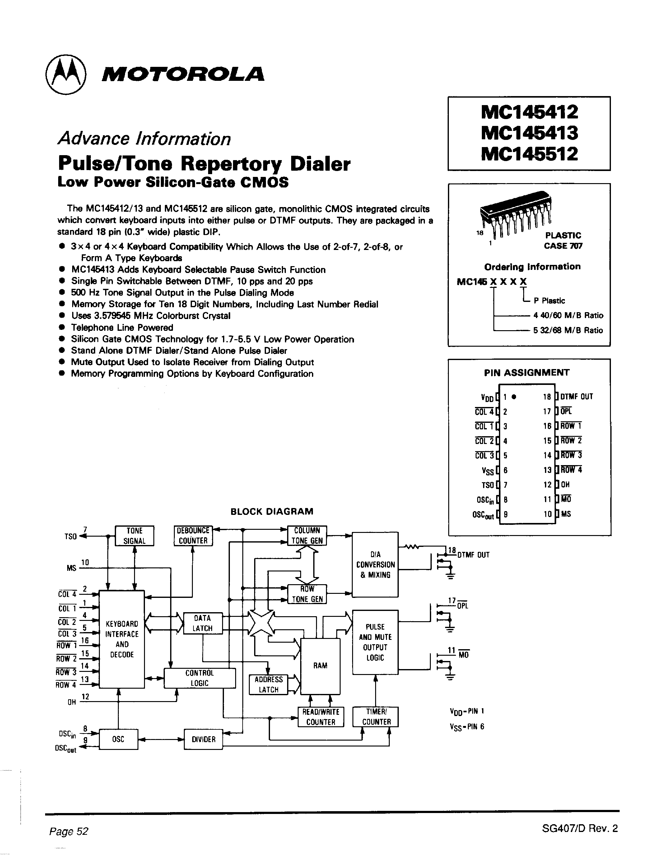 Datasheet MC145412 - Pulse/Tone Repertory Dialer Low Power SIilicon-Gate CMOS page 1