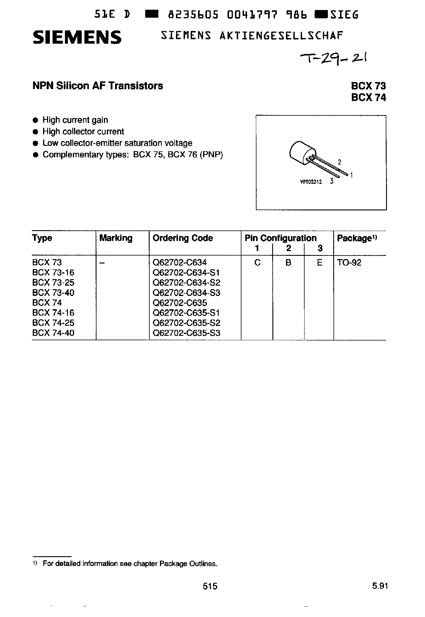 Datasheet BCX73 - (BCX74) NPN Silicon AF Transistors page 1