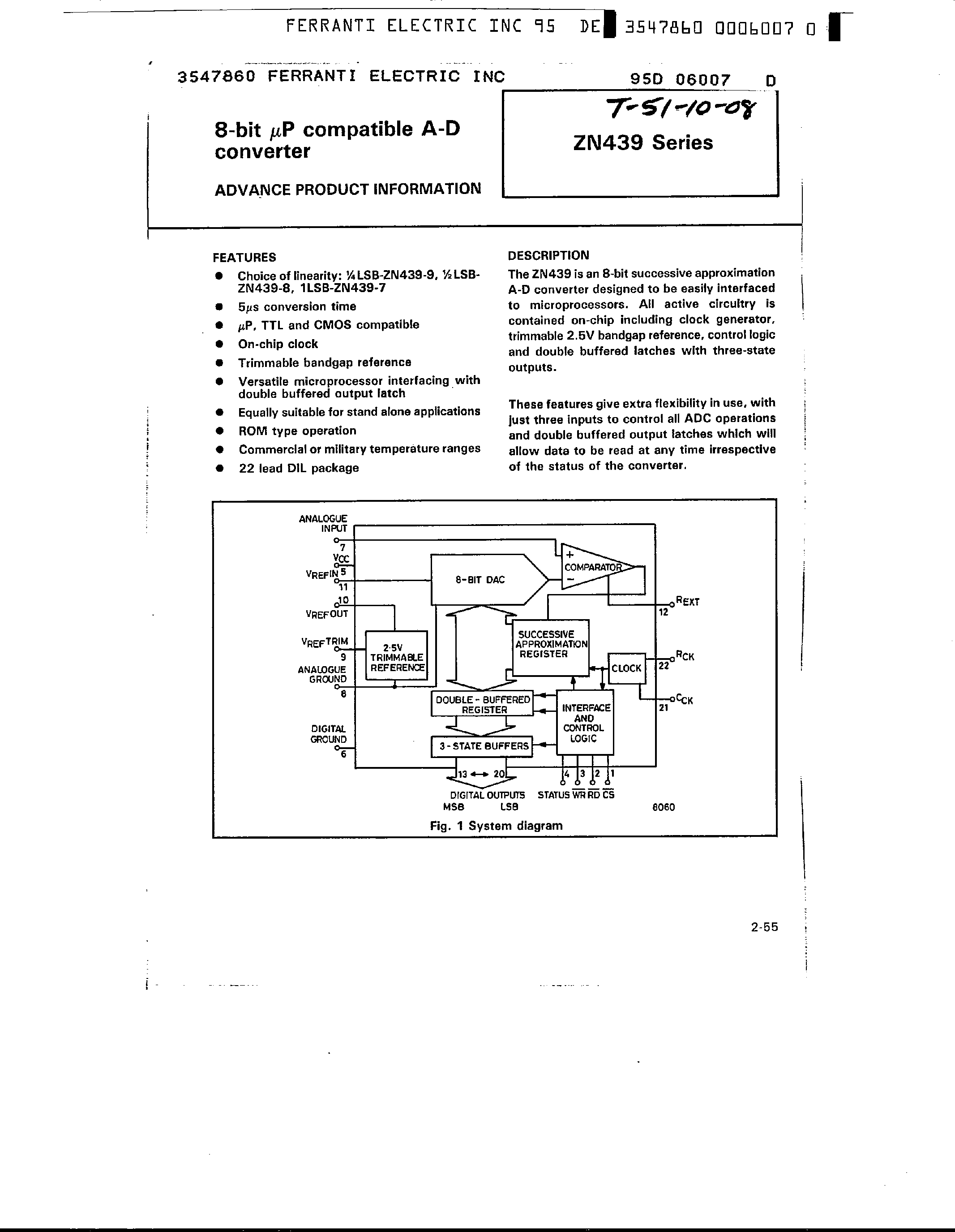 Datasheet ZN439 - 8 bit Microprocessor Compatible A-D Converter page 1