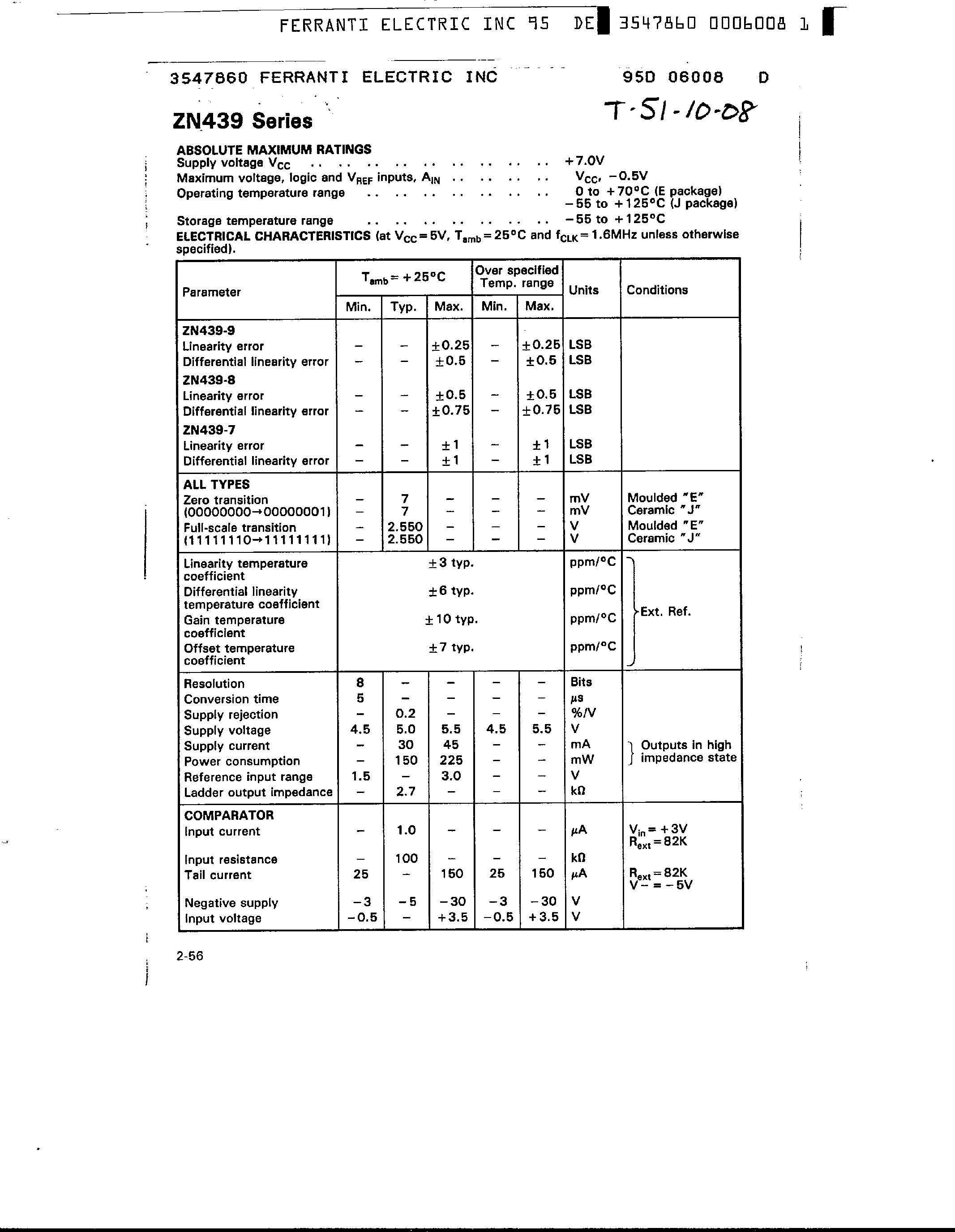 Datasheet ZN439 - 8 bit Microprocessor Compatible A-D Converter page 2