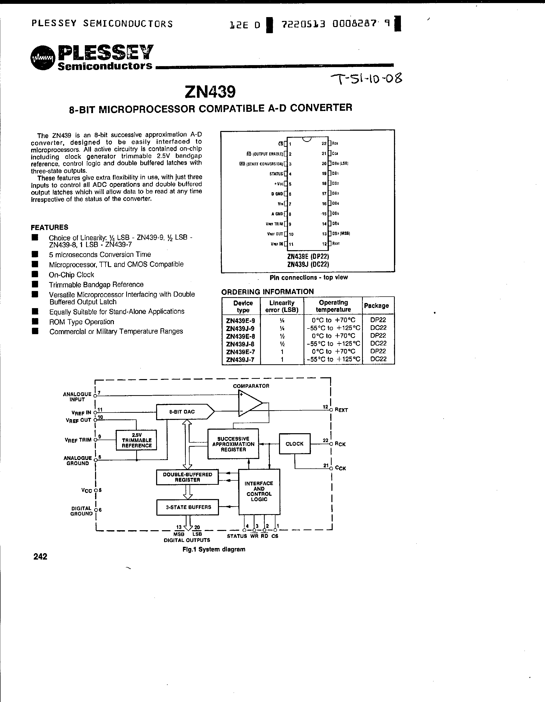Datasheet ZN439 - 8 bit Microprocessor Compatible A-D Converter page 1