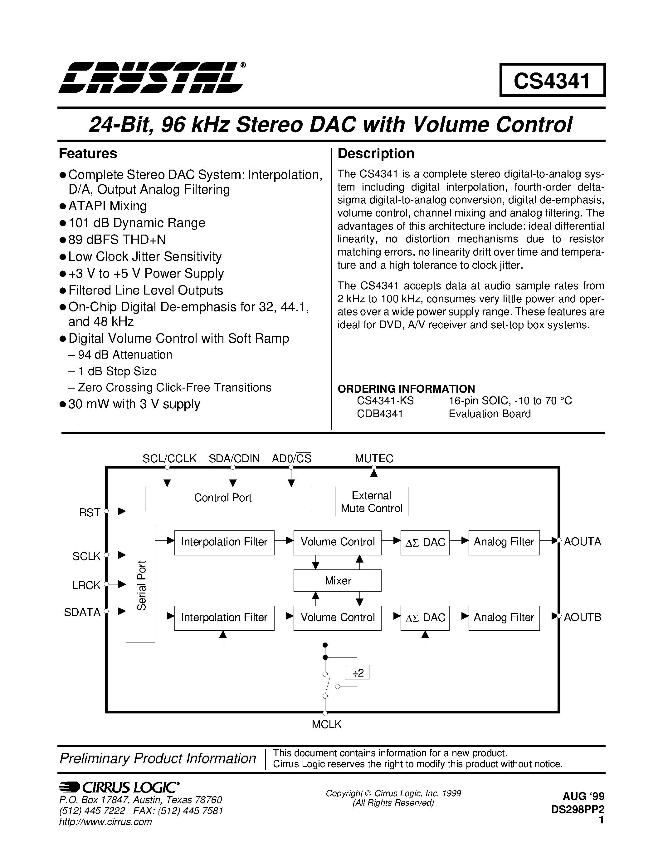 Даташит CS4341 - 24-Bit / 96 kHz Stereo DAC with Volume Control страница 1