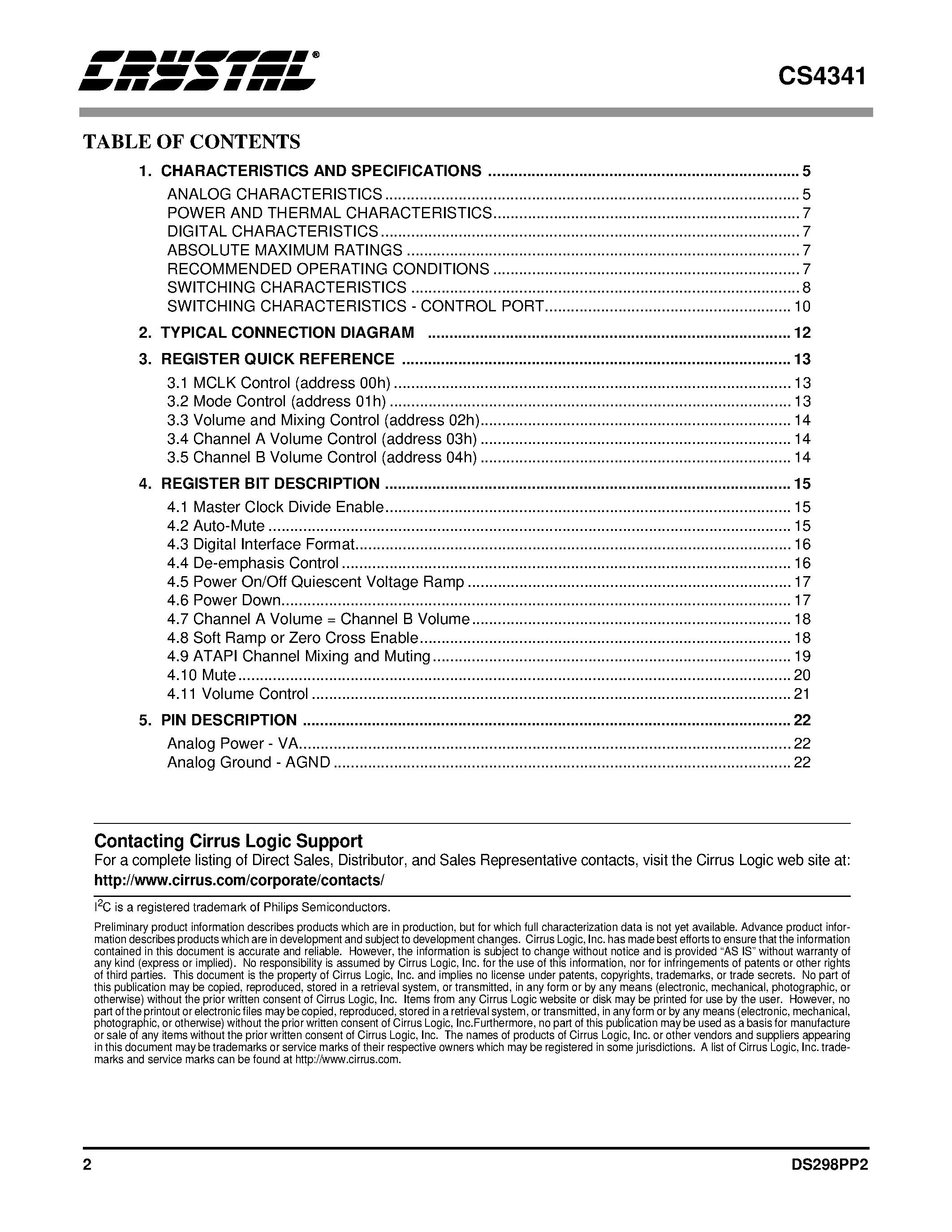 Даташит CS4341 - 24-Bit / 96 kHz Stereo DAC with Volume Control страница 2