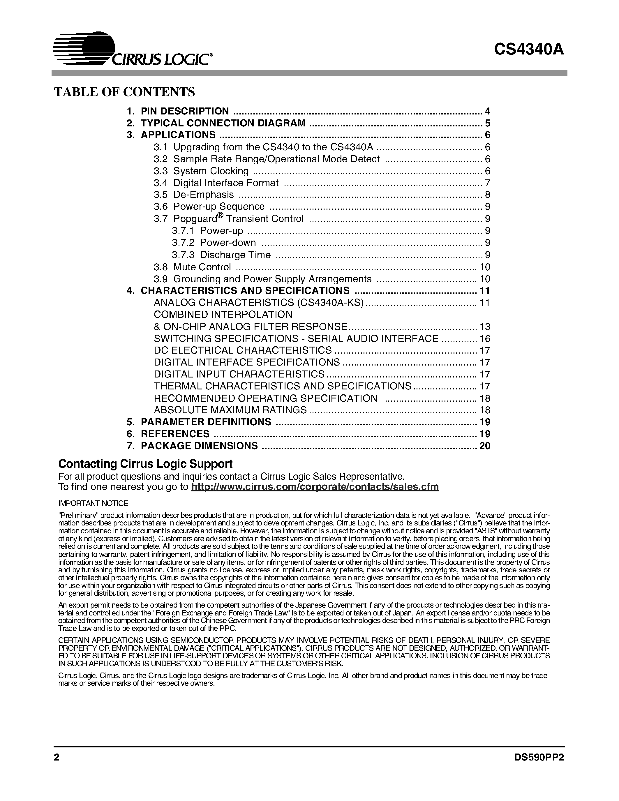 Даташит CS4340A - 24-Bit / 192 kHz Stereo DAC for Audio страница 2