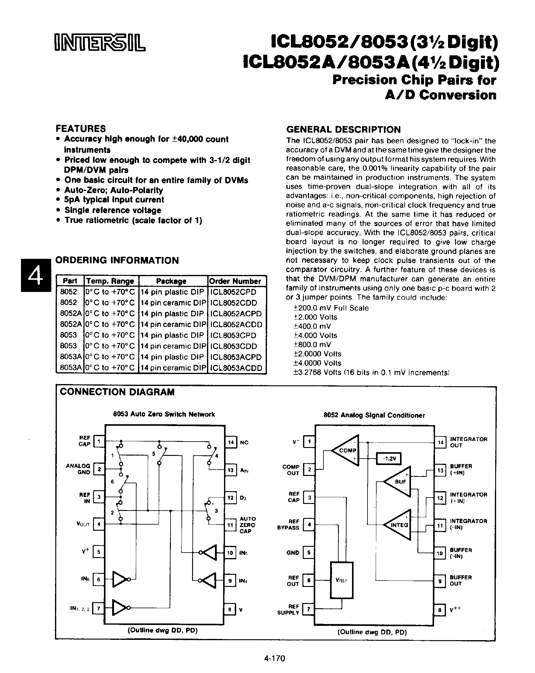 Даташит ICL8053 - Precision Chip Pairs for A/D Conversion страница 1