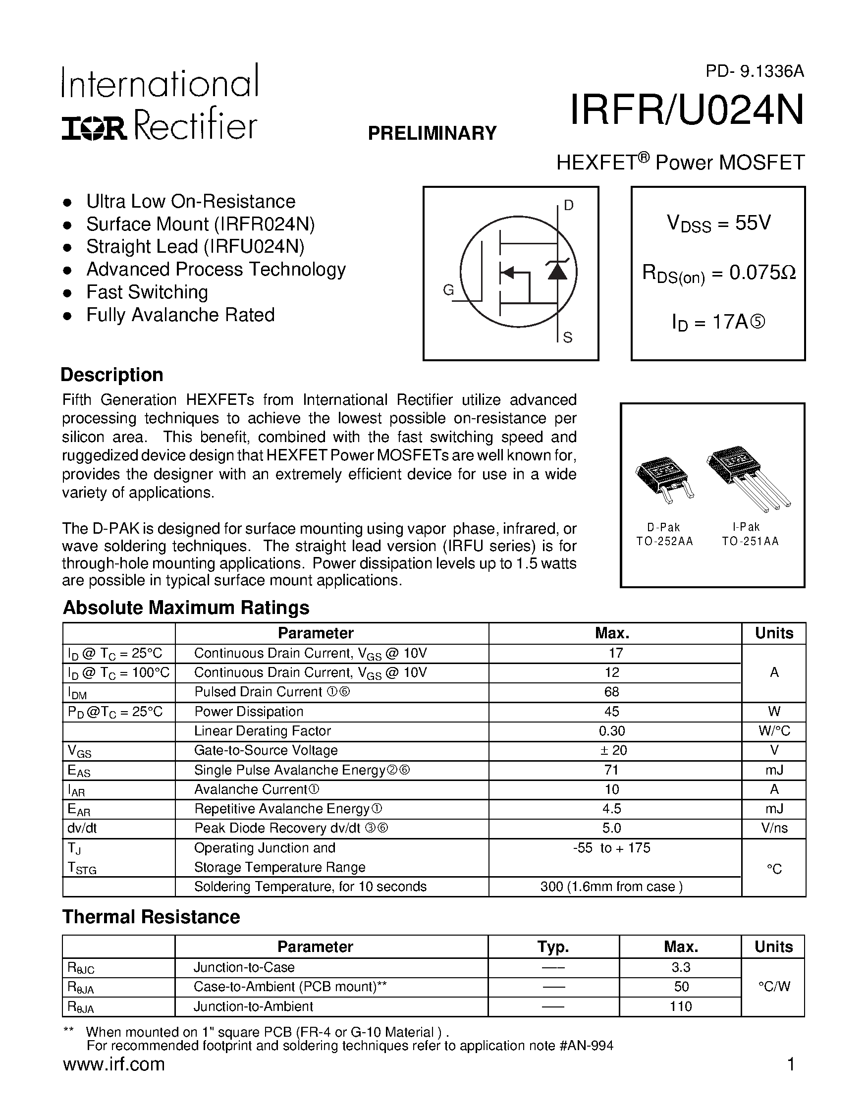 Datasheet IRFR024N - Power MOSFET page 1