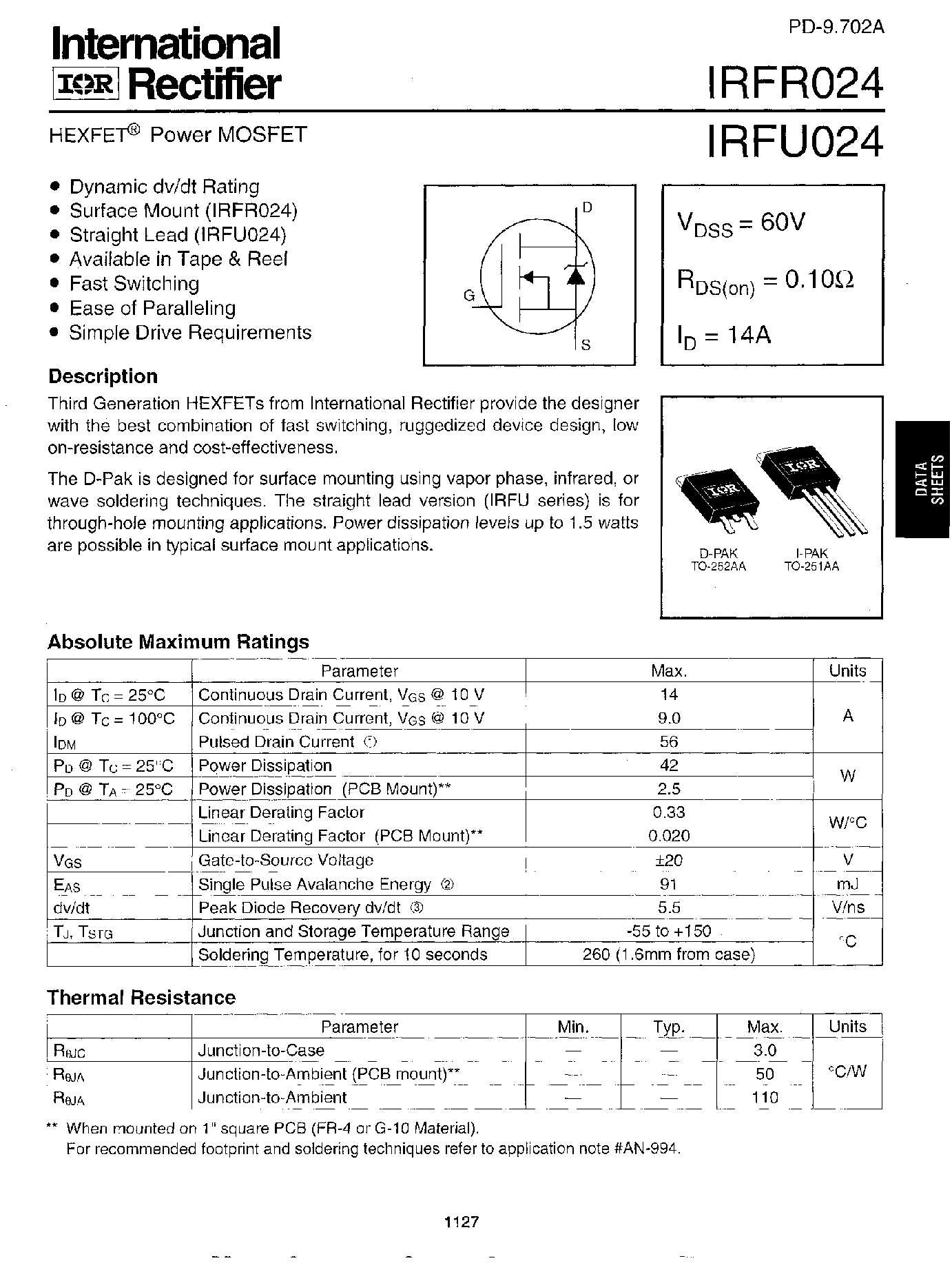 Datasheet IRFR024 - HEXFET POWER MOSFET page 1