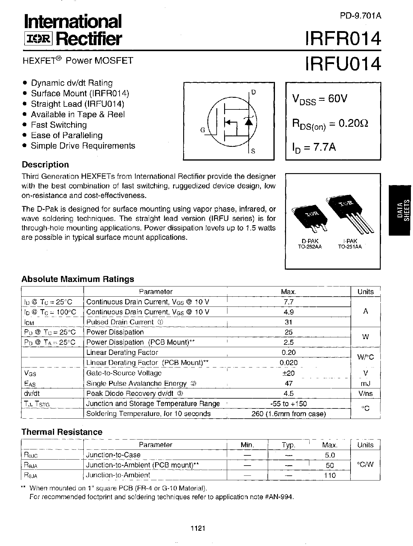 Datasheet IRFR014 - Power MOSFET page 1