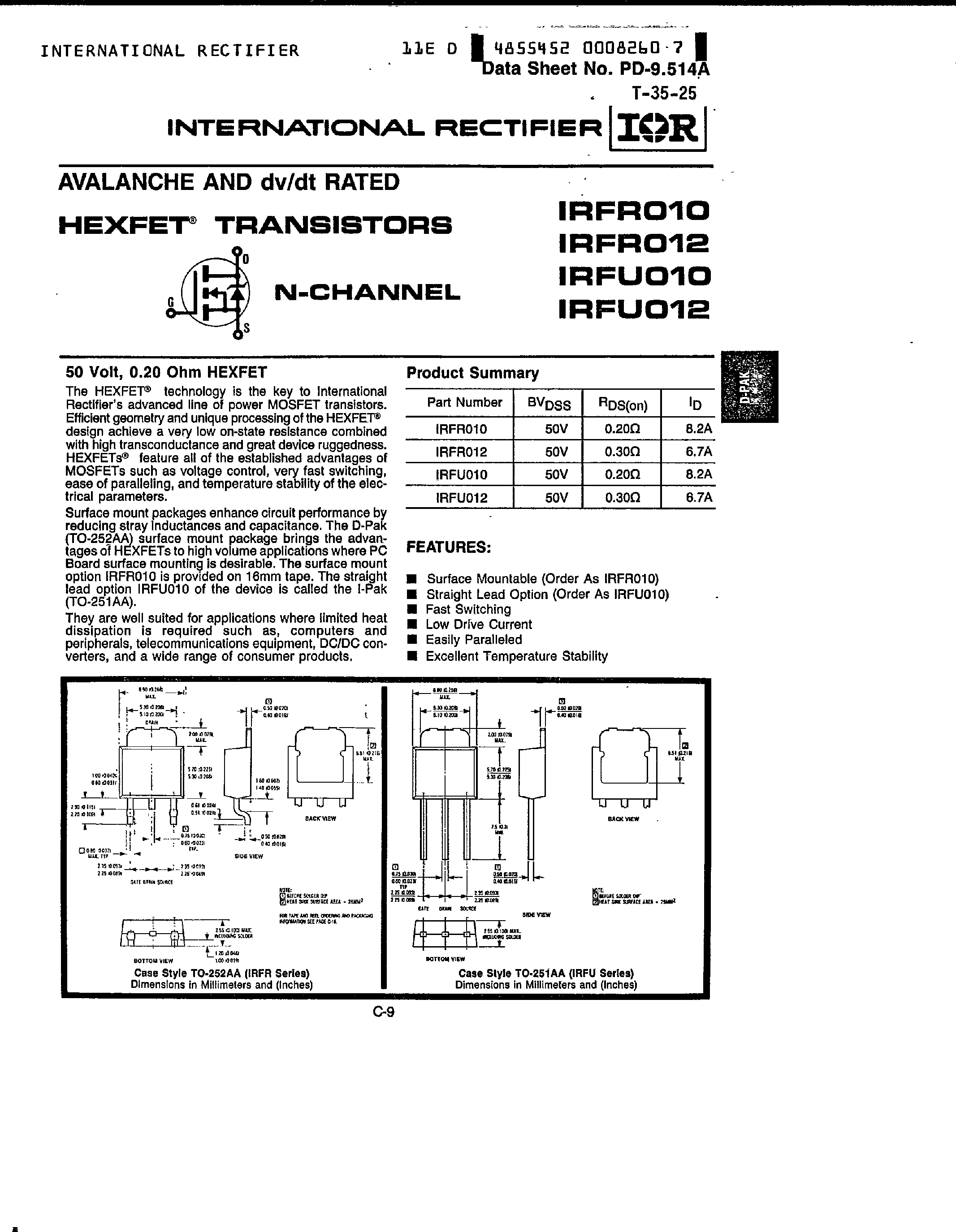 Datasheet IRFR010 page 1 Datasheet IRFR010 - (IRFR012) HEXFET Transistors page 1