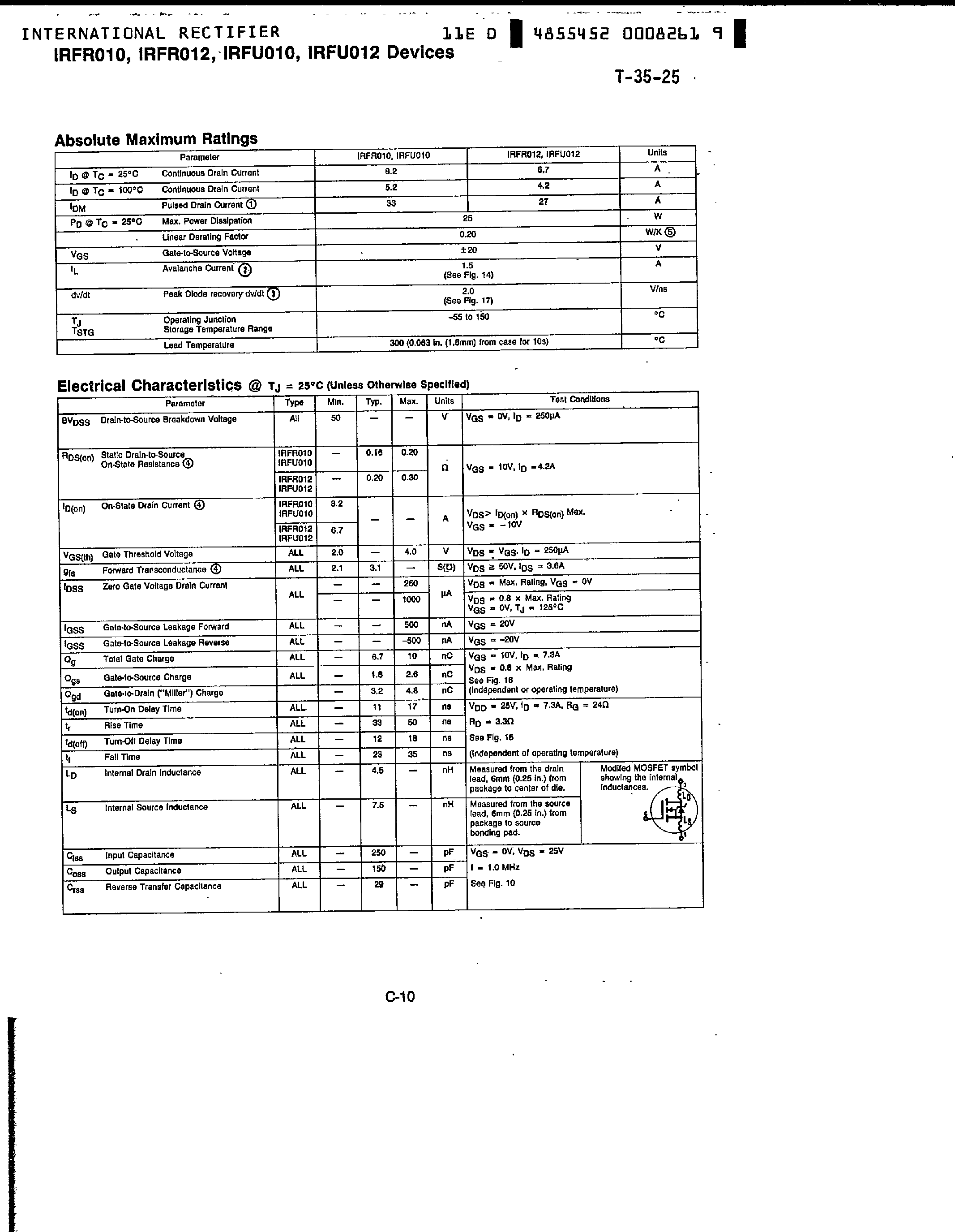 Datasheet IRFR010 page 2 Datasheet IRFR010 - (IRFR012) HEXFET Transistors page 2