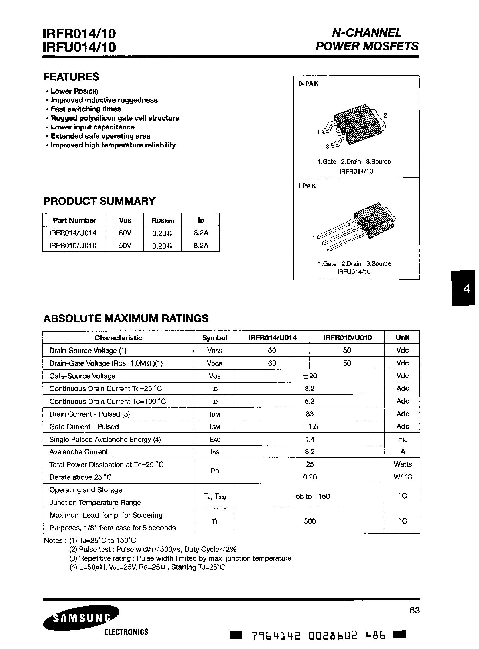 Datasheet IRFR010 - N Channel Power MOSFETs page 1