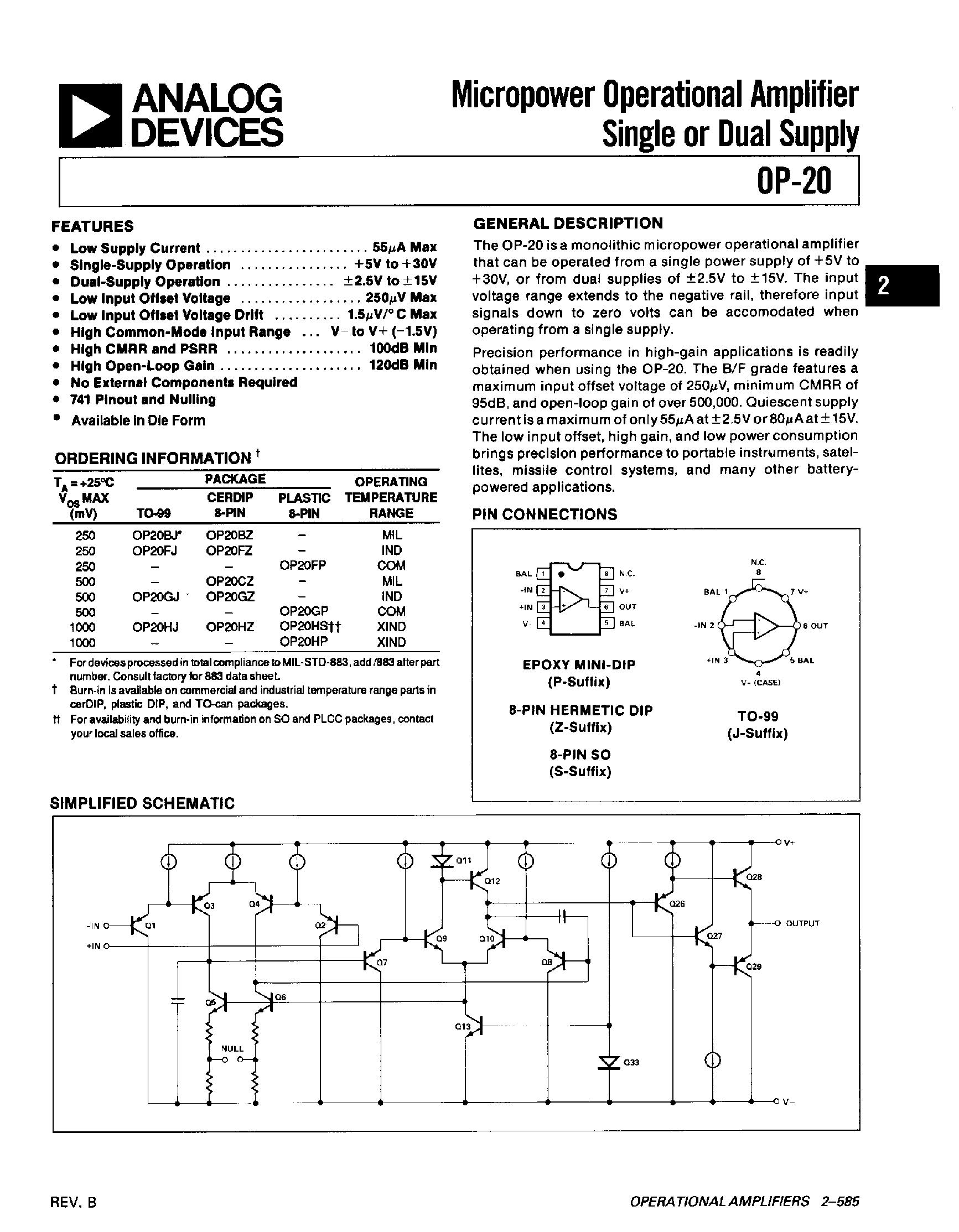 Даташит на микросхему OP20 страница 1 Даташит OP20 - Micropower Operational Amplifier страница 1