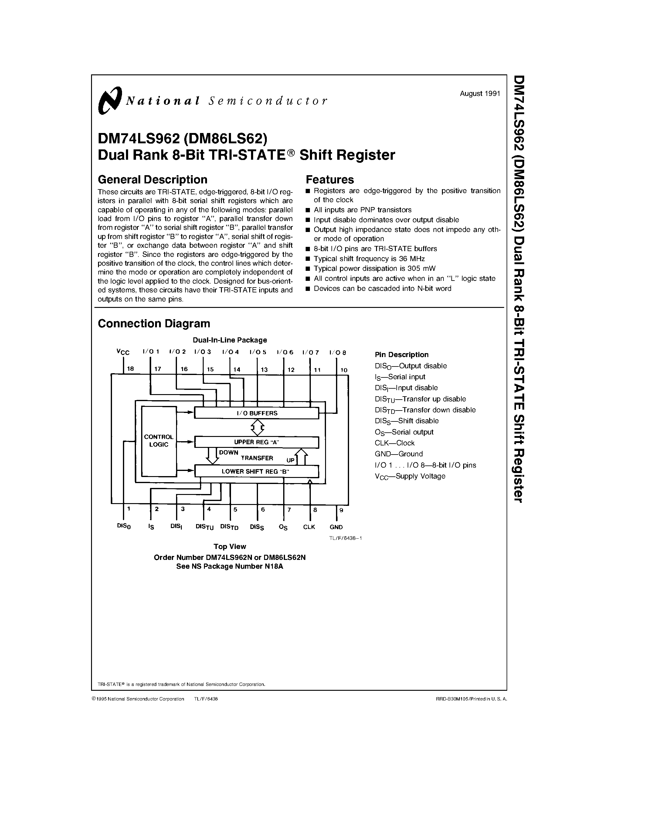 Datasheet DM86LS62 - Dual Rank 8-Bit TRI-STATE Shift Register page 1