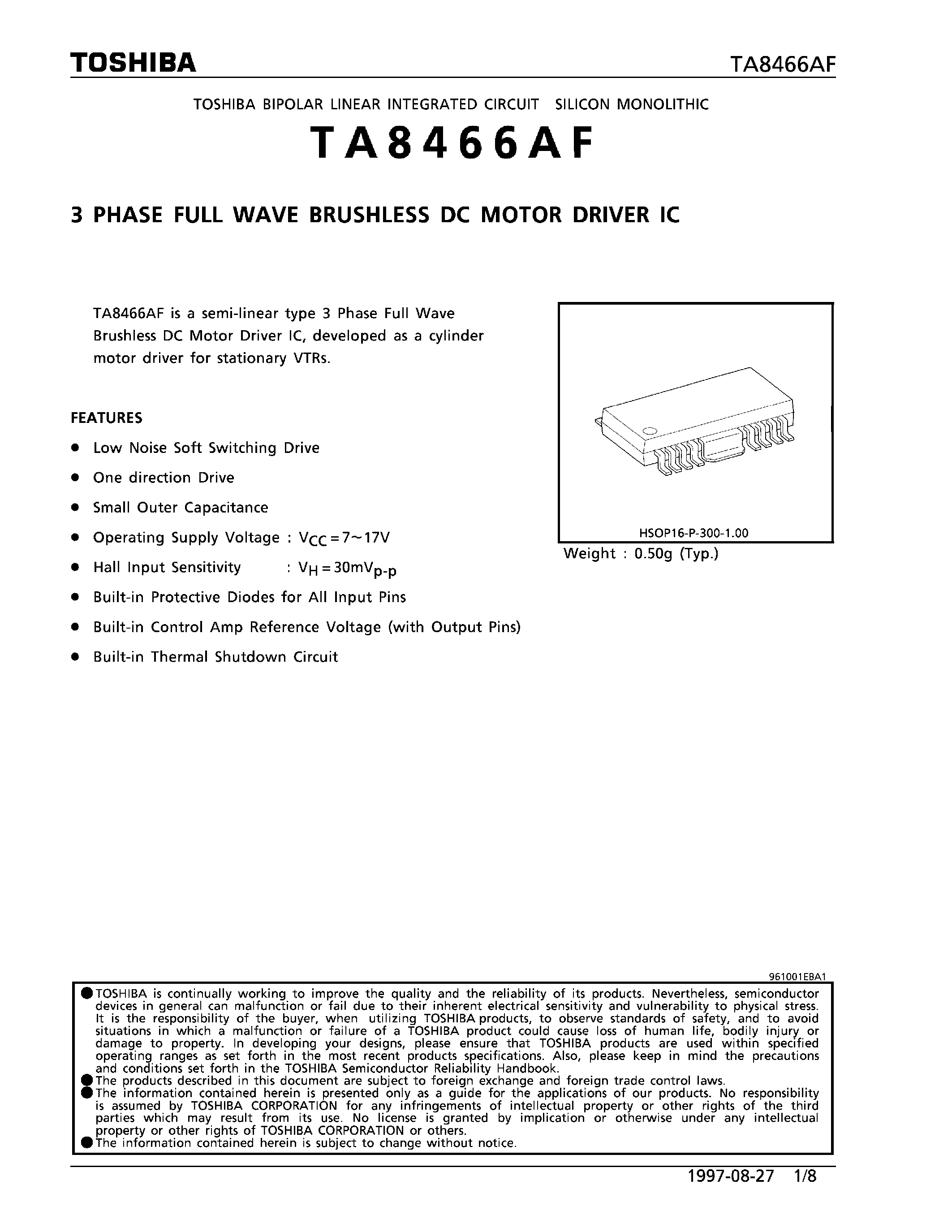 Datasheet TA8466AF - 3 PHASE FULL WAVE BRUSHLESS DC MOTOR DRIVER IC page 1