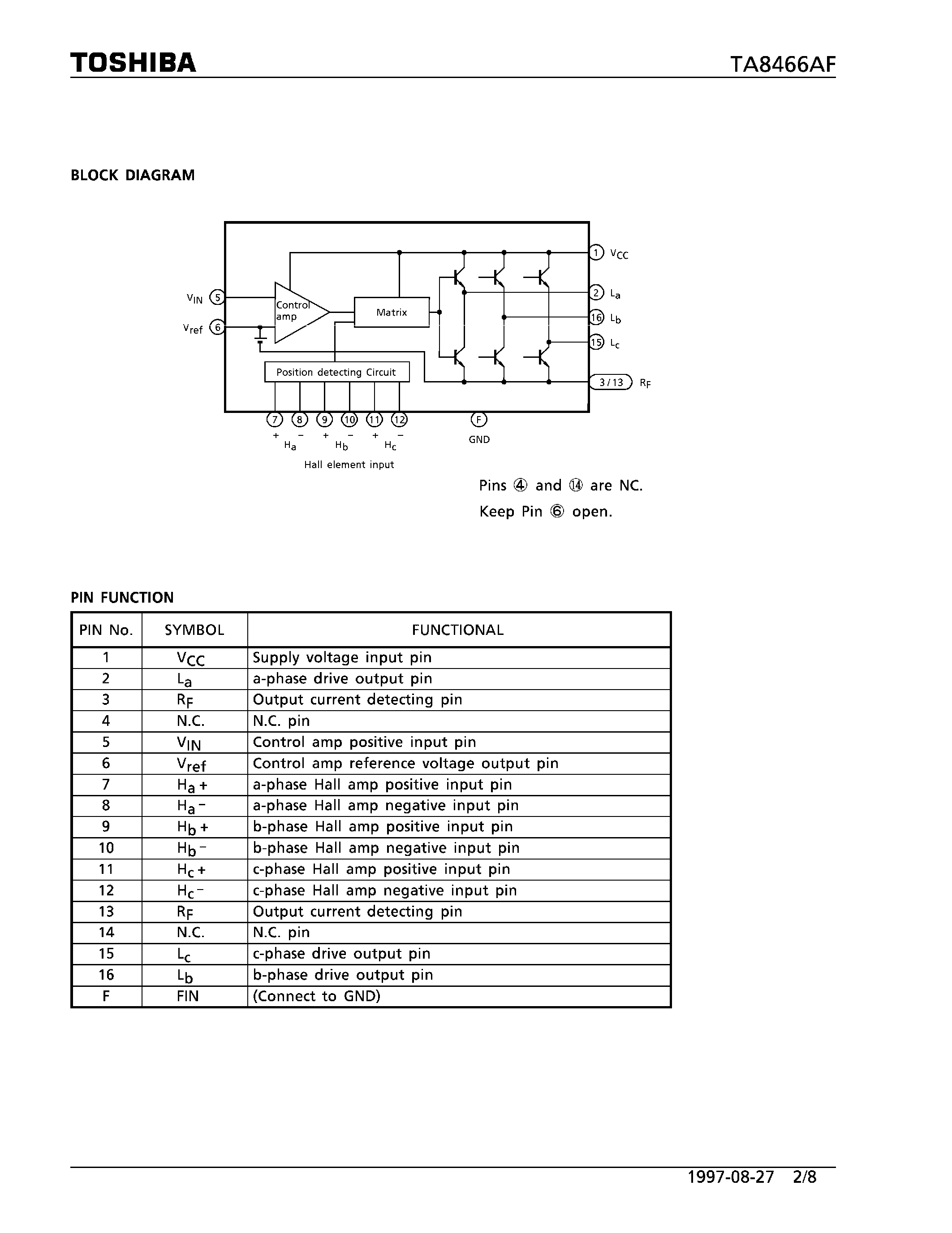 Datasheet TA8466AF - 3 PHASE FULL WAVE BRUSHLESS DC MOTOR DRIVER IC page 2
