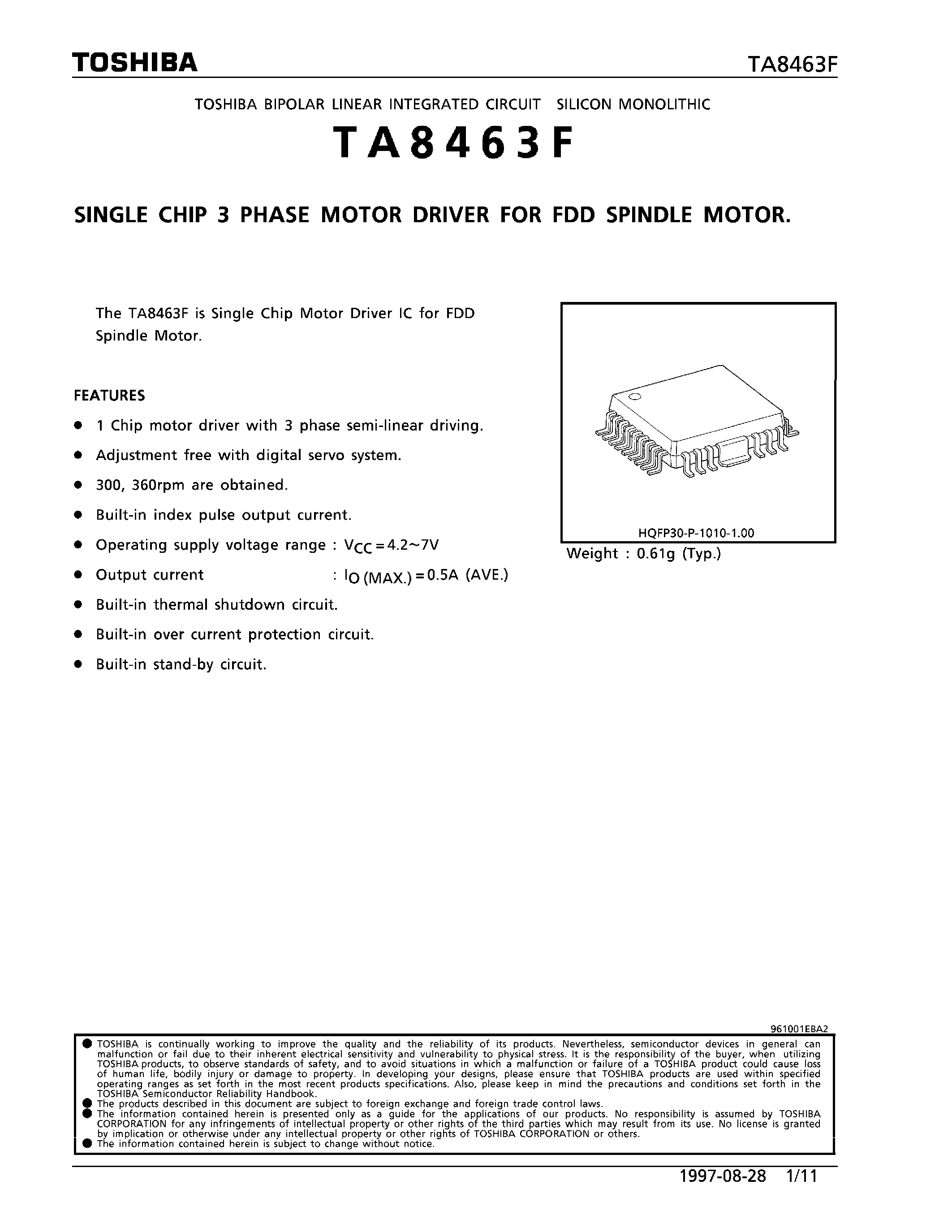 Даташит на микросхему TA8463F страница 1 Даташит TA8463F - SINGLE CHIP 3 PHASE MOTOR DRIVER FOR FDD SPINDLE MOTOR страница 1