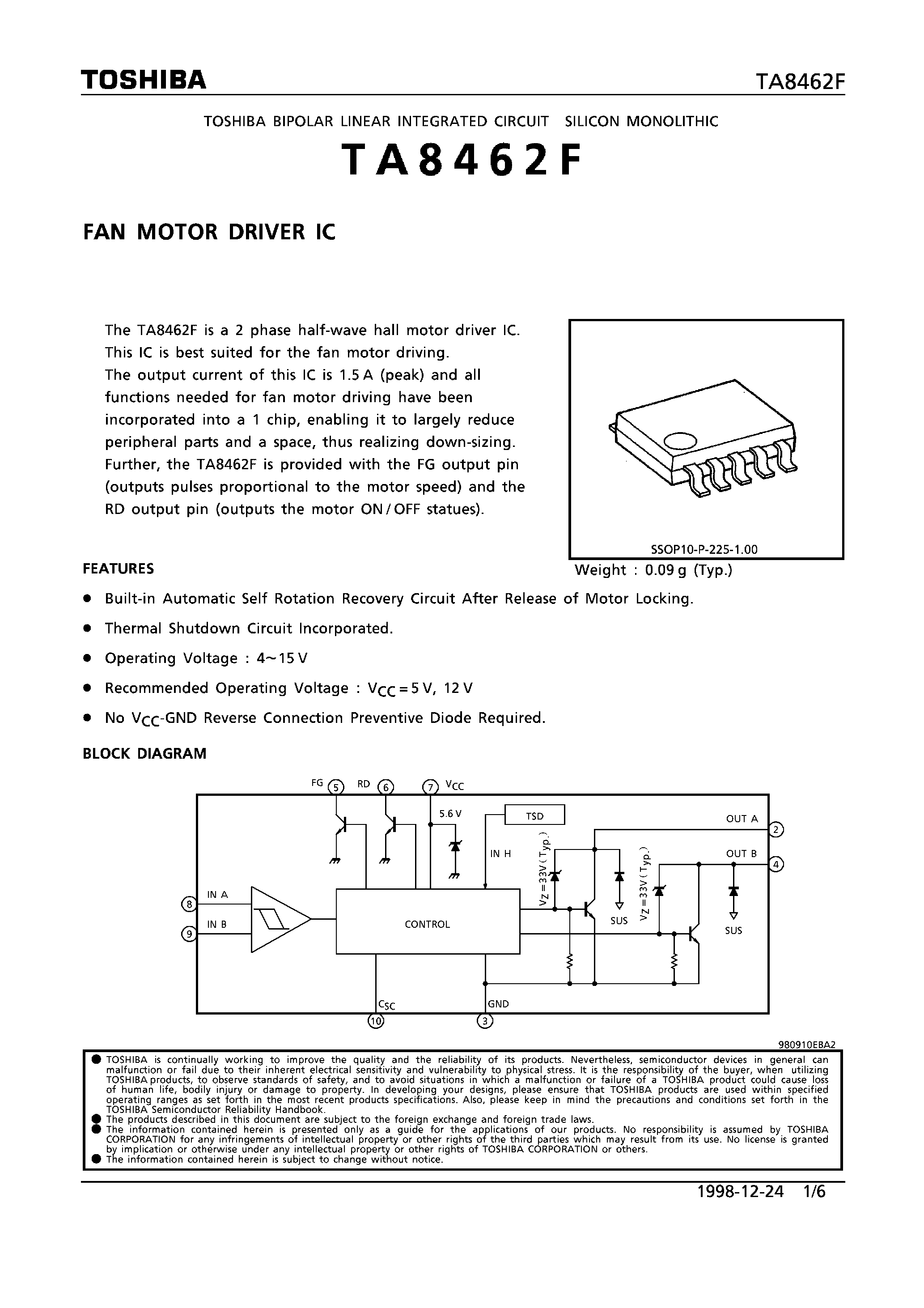 Datasheet TA8462F - FAN MOTOR DRIVER IC page 1