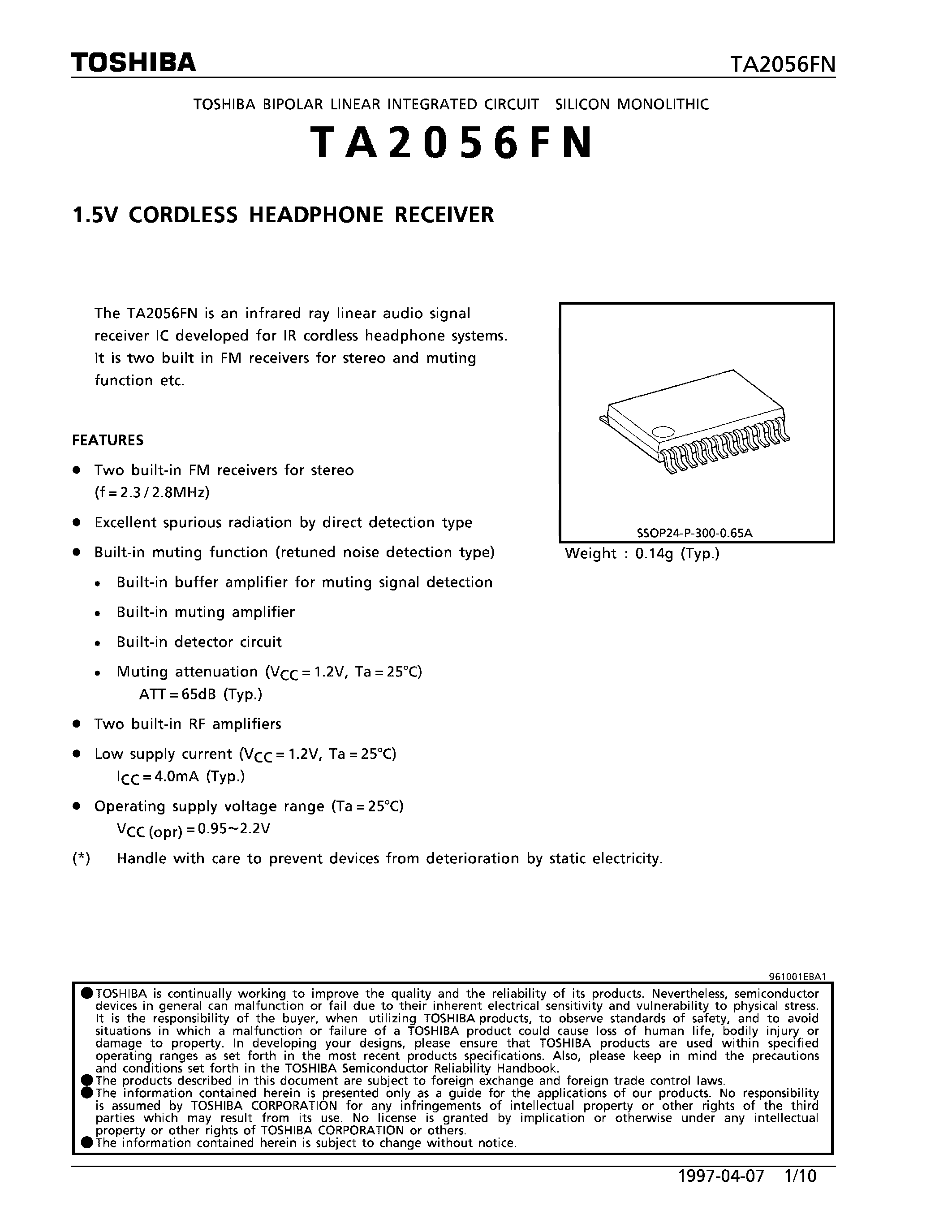 Datasheet TA2056FN - 1.5V CORDLESS HEADPHONE RECEIVER page 1