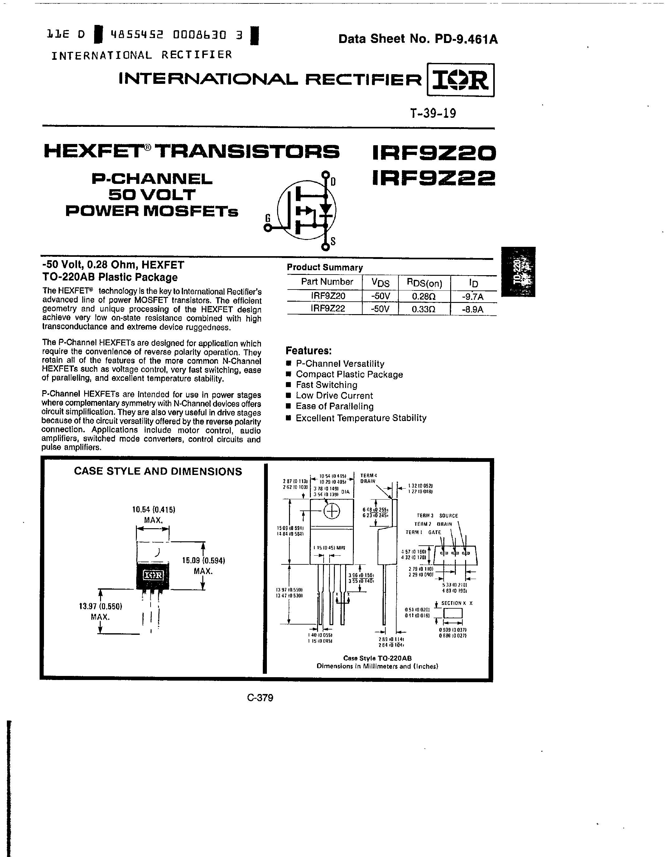 Datasheet IRF9Z20 - (IRF9Z22) HEXFET Transistors page 1