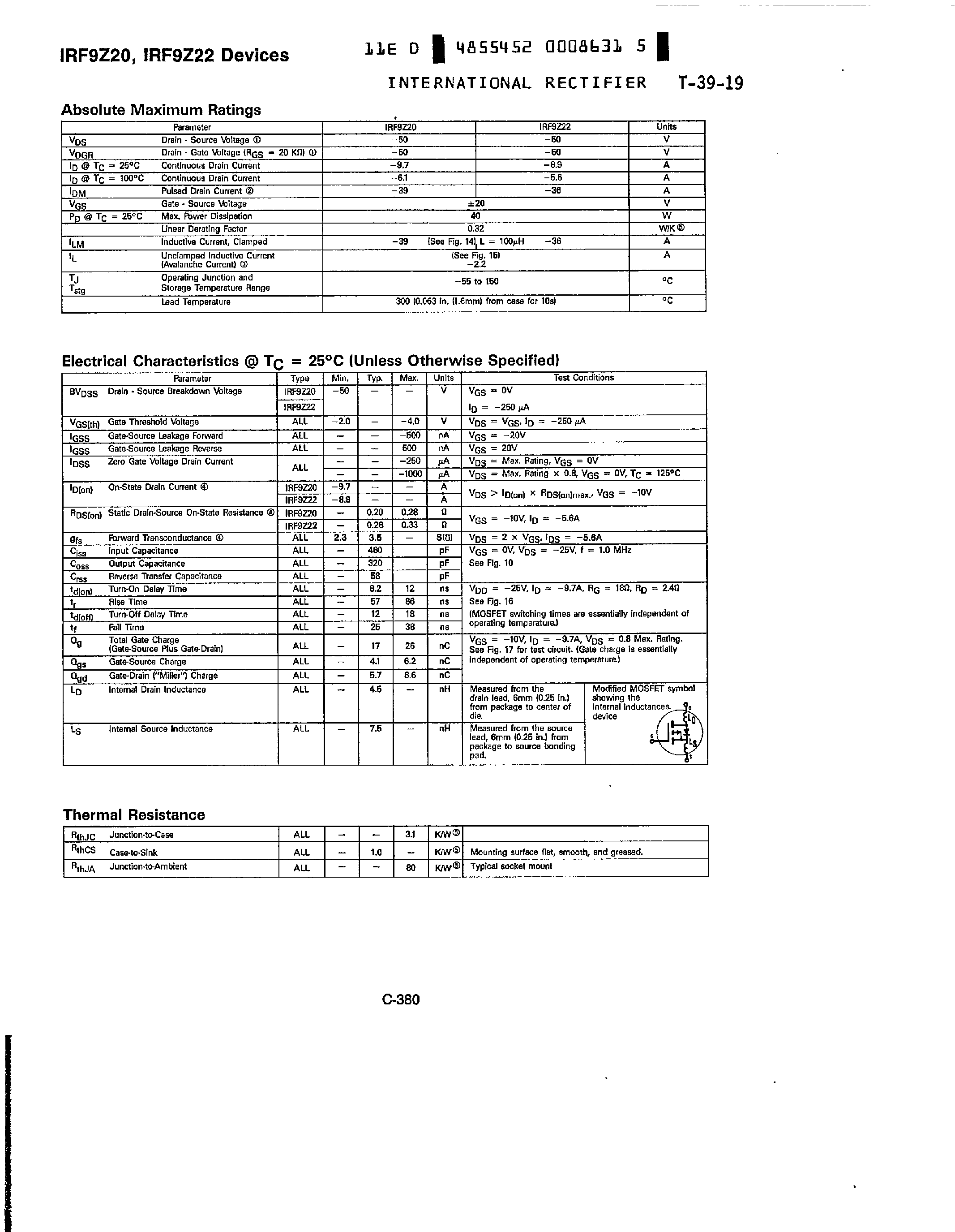 Datasheet IRF9Z20 - (IRF9Z22) HEXFET Transistors page 2