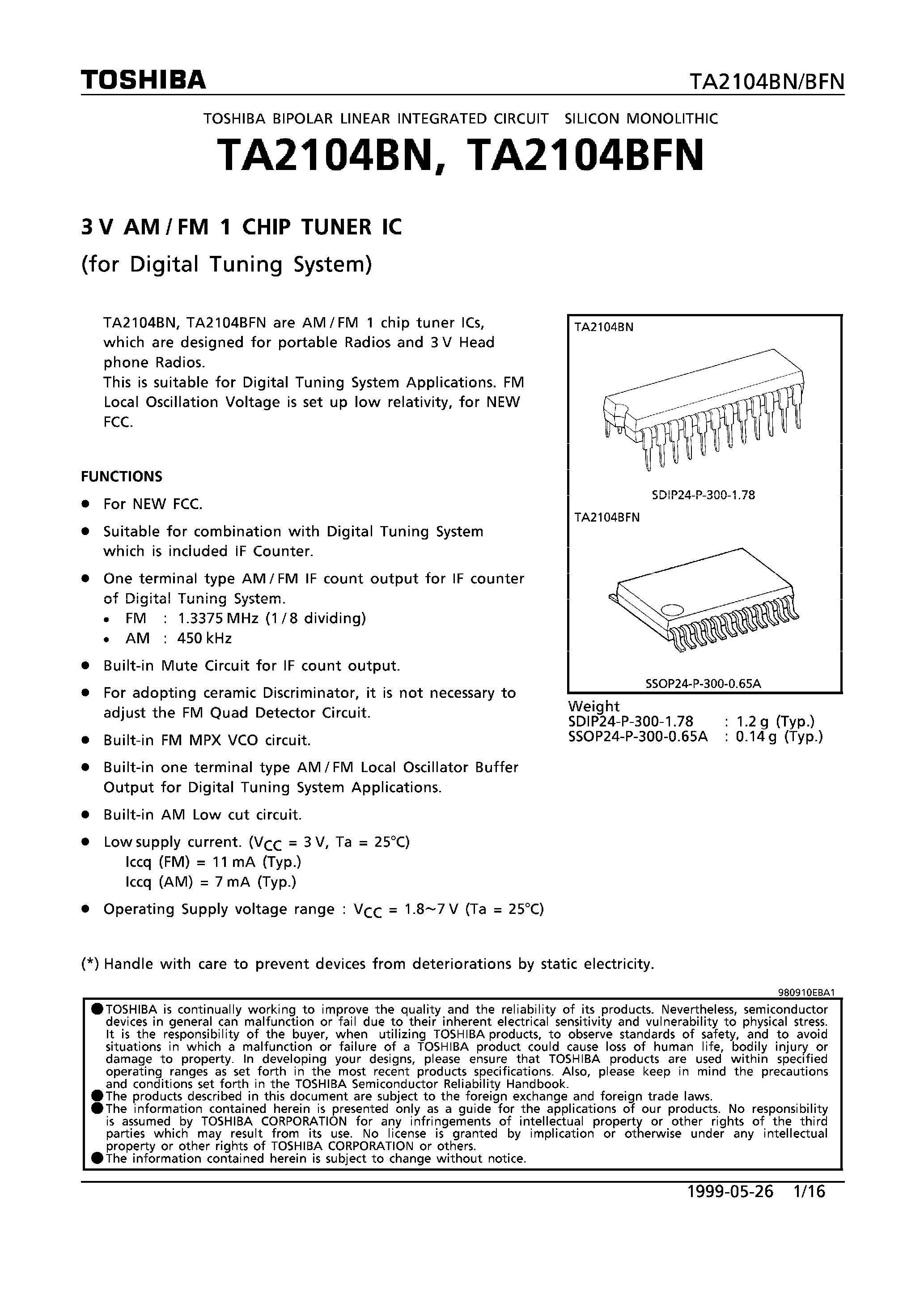 Datasheet TA2104 - 3V AM/FM 1 CHIP TUNER IC (FOR DIGITAL TUNING SYSTEM) page 1