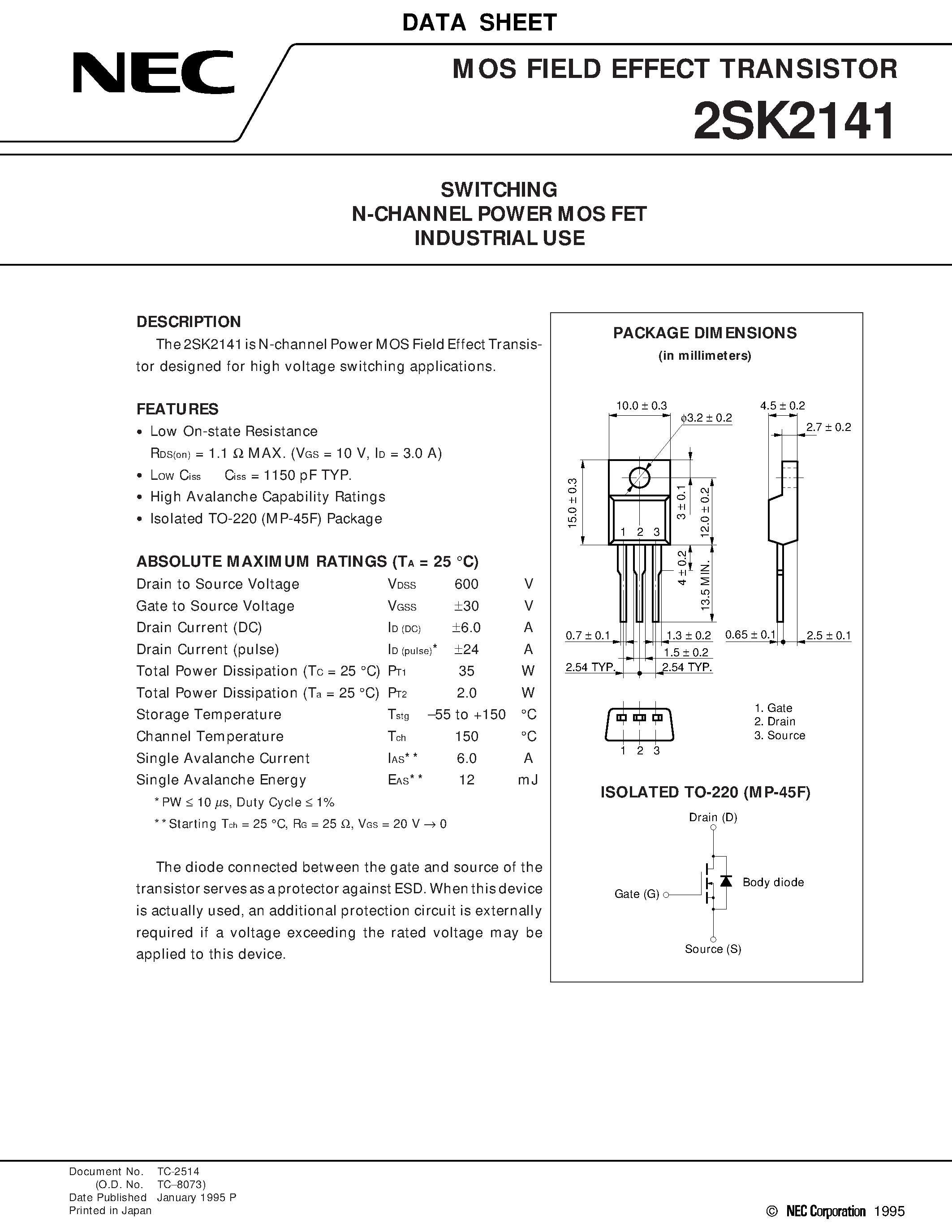 Datasheet K2141 - SWITCHING N-CHANNEL POWER MOS FET INDUSTRIAL USE page 1