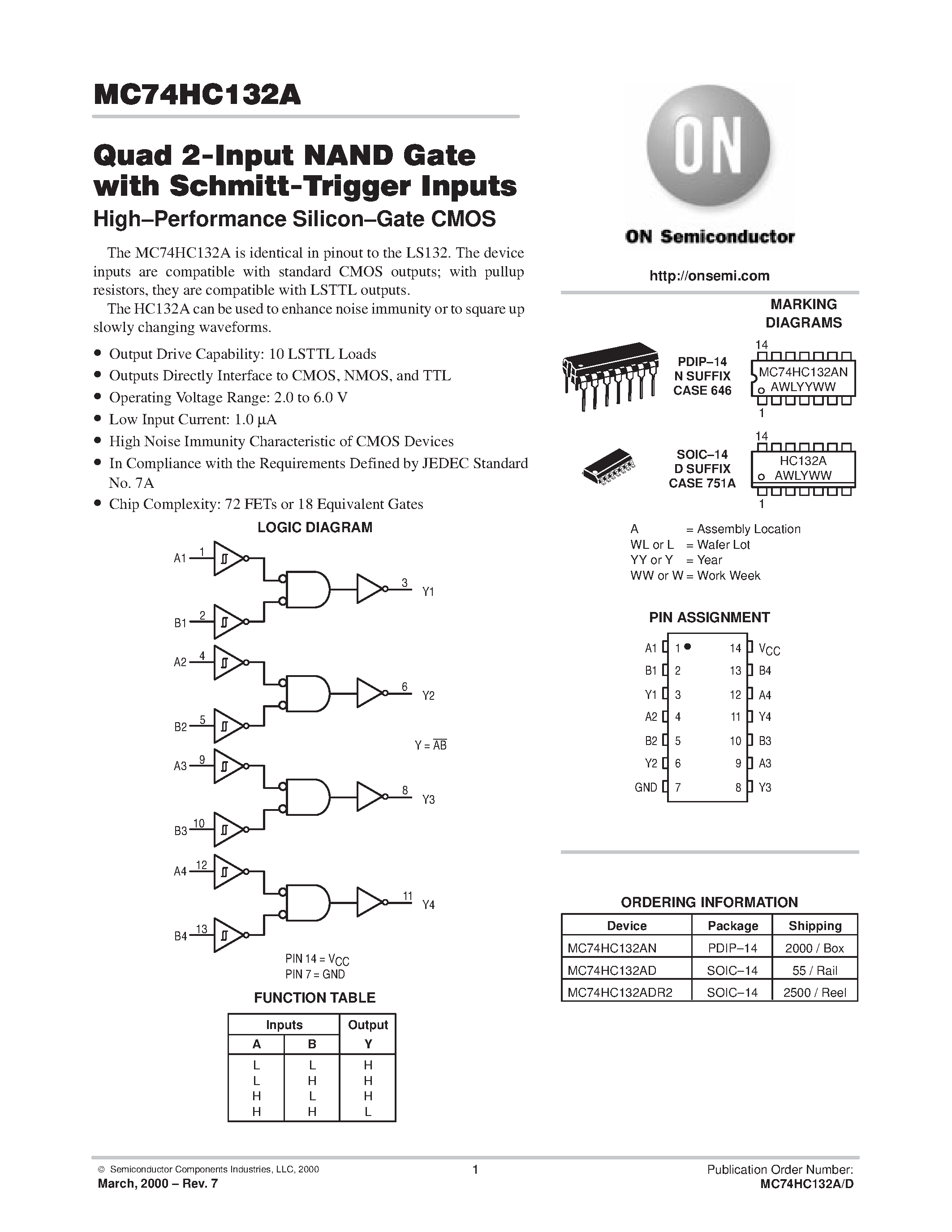 Даташит MC74HC132A - Quad 2-Input NAND Gate with Schmitt-Trigger Inputs страница 1
