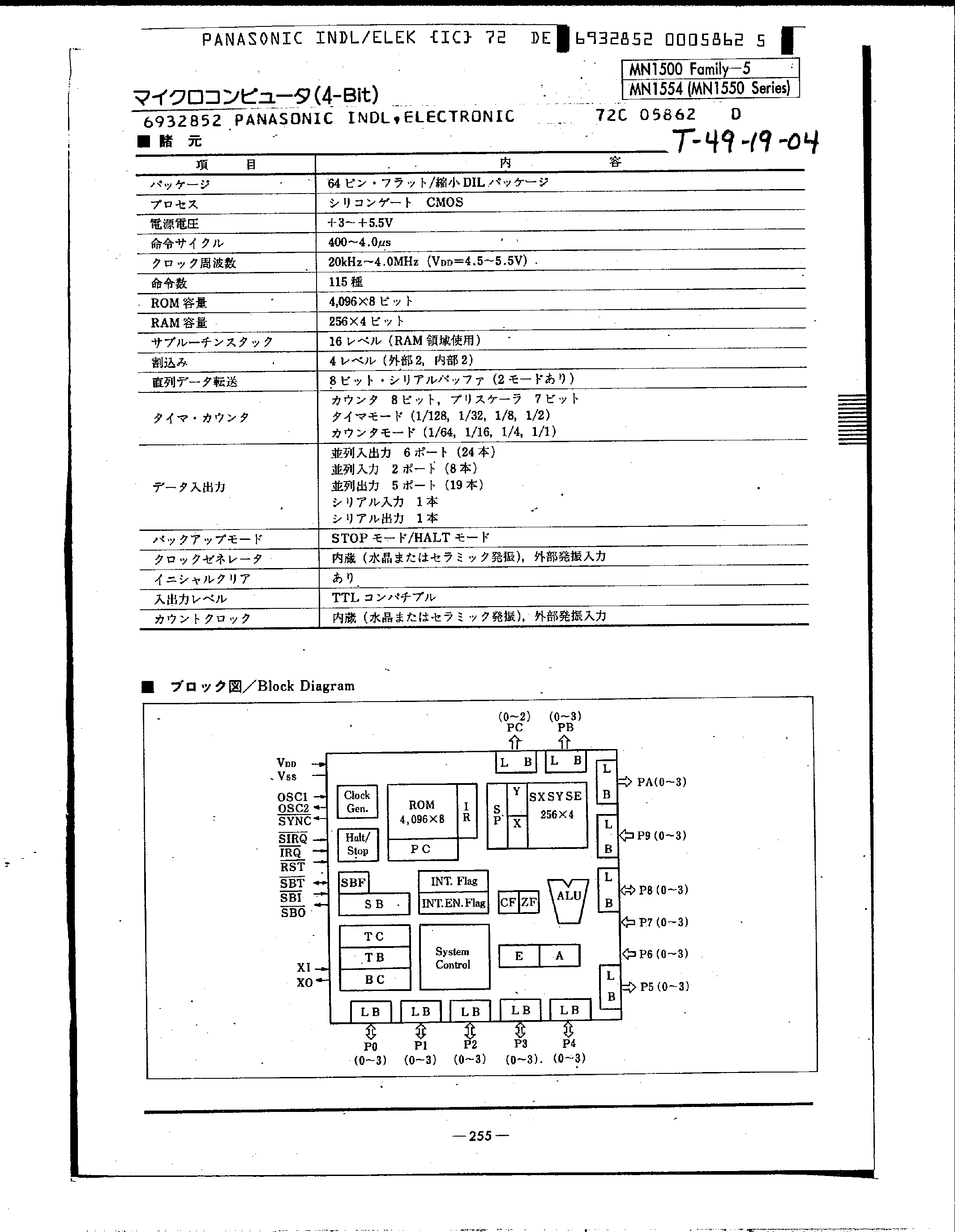 Datasheet MN1554 - (MN1550 Series) High Performance Low Power CMOS 4 Bit Single Chip Microcontroller page 2