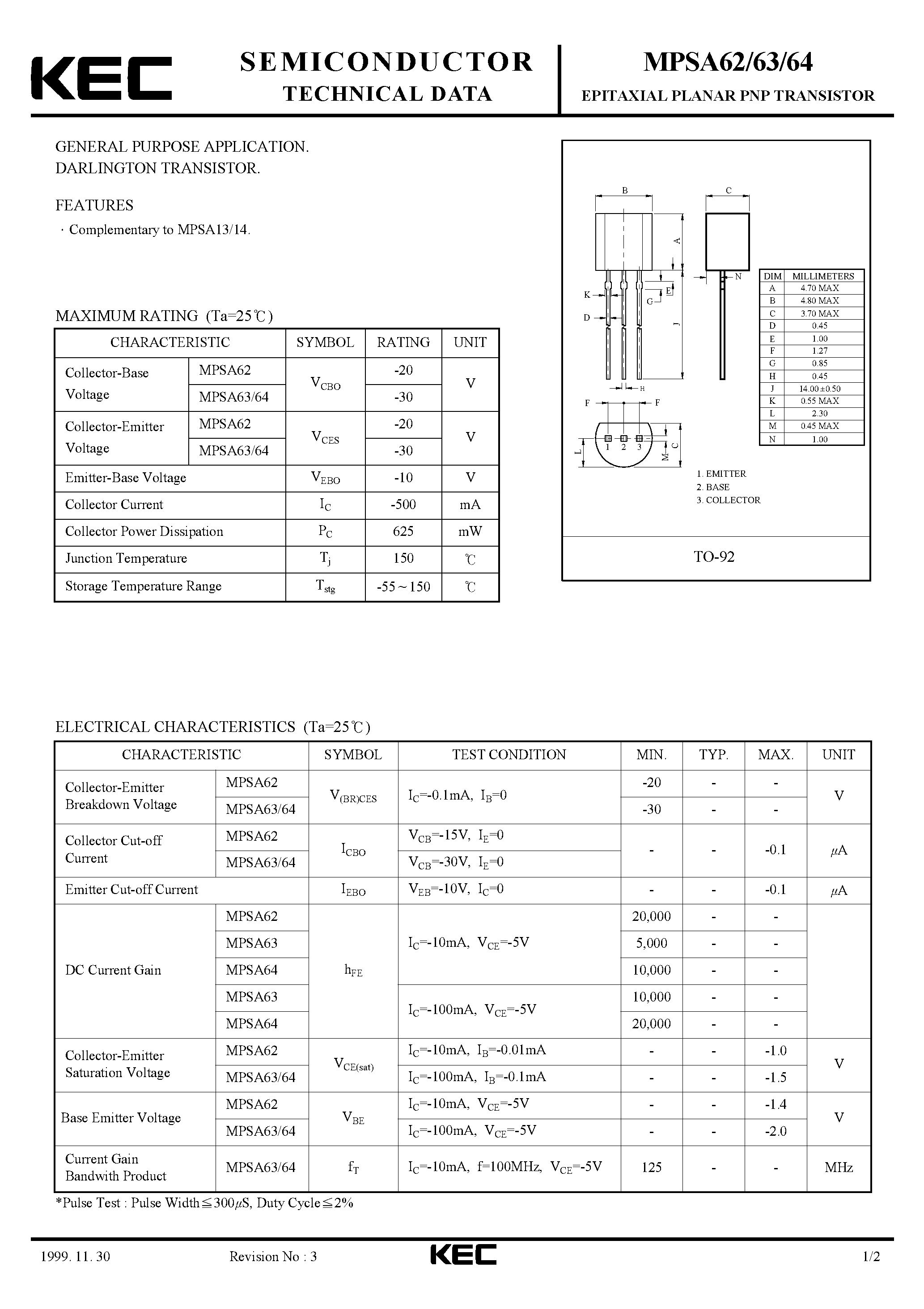 Datasheet MPSA63 - EPITAXIAL PLANAR PNP TRANSISTOR (GENERAL PURPOSE DARLINGTON TRANSISTOR) page 1